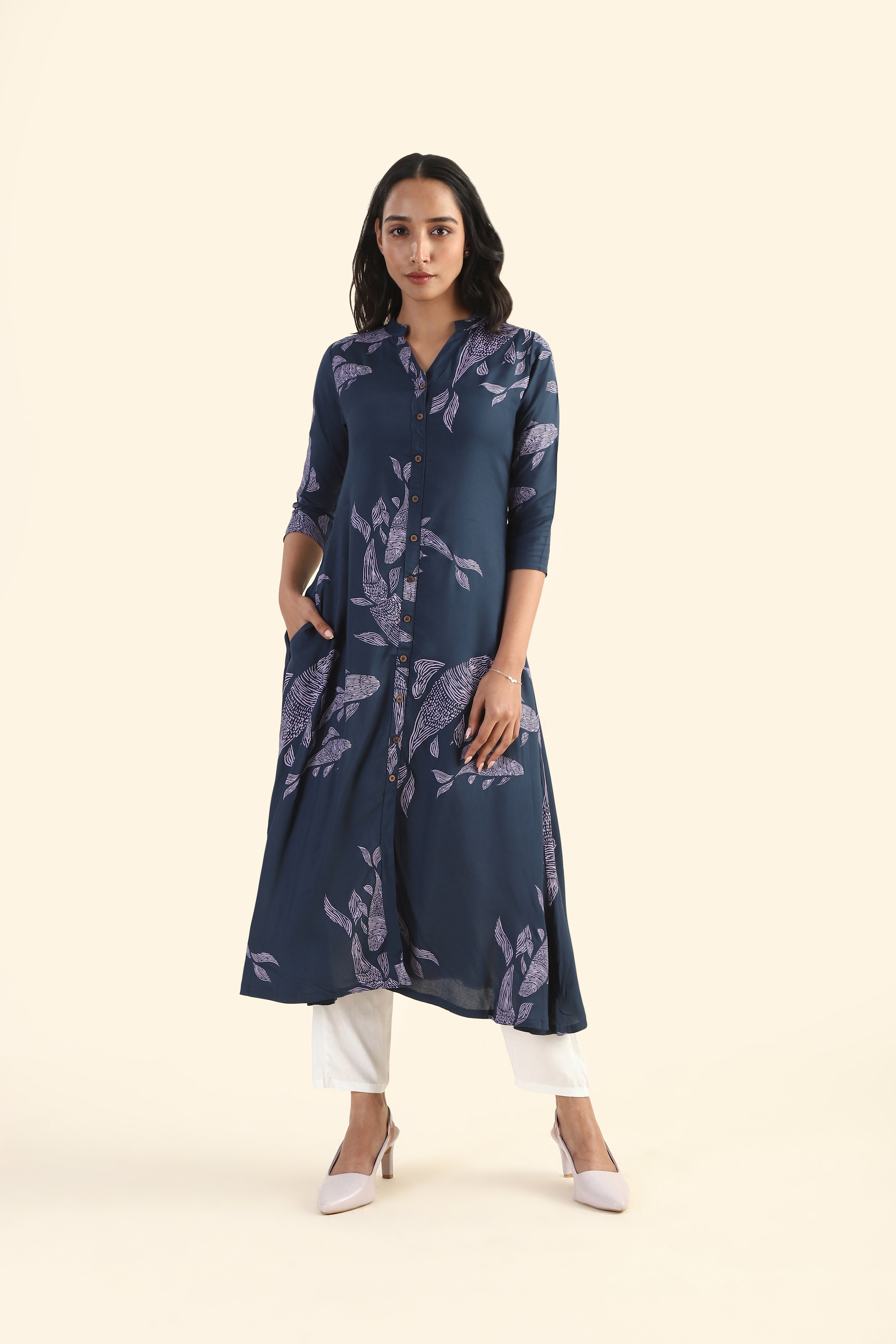 Neptune Blue Marine Melody Viscose Printed Dress