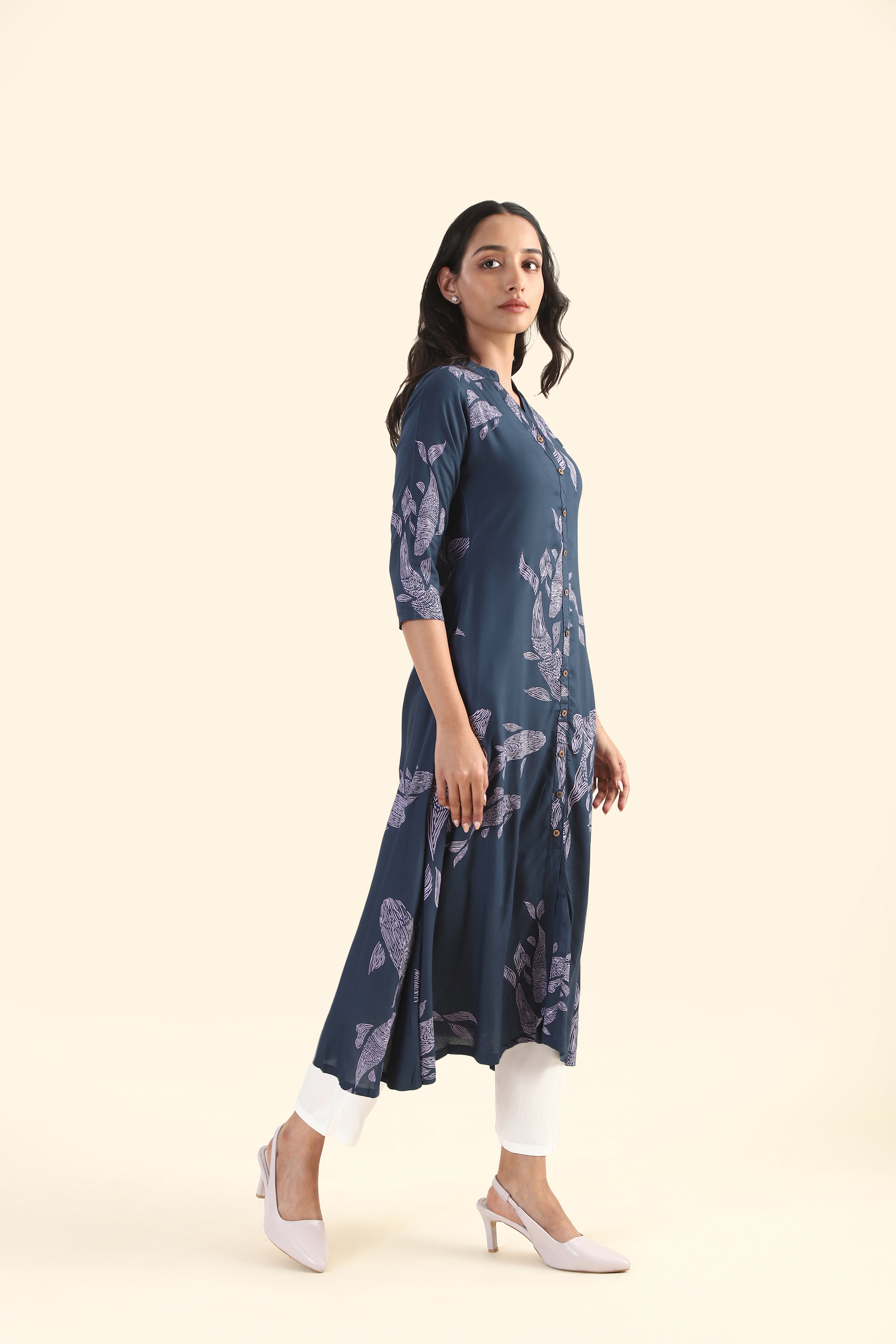 Neptune Blue Marine Melody Viscose Printed Dress