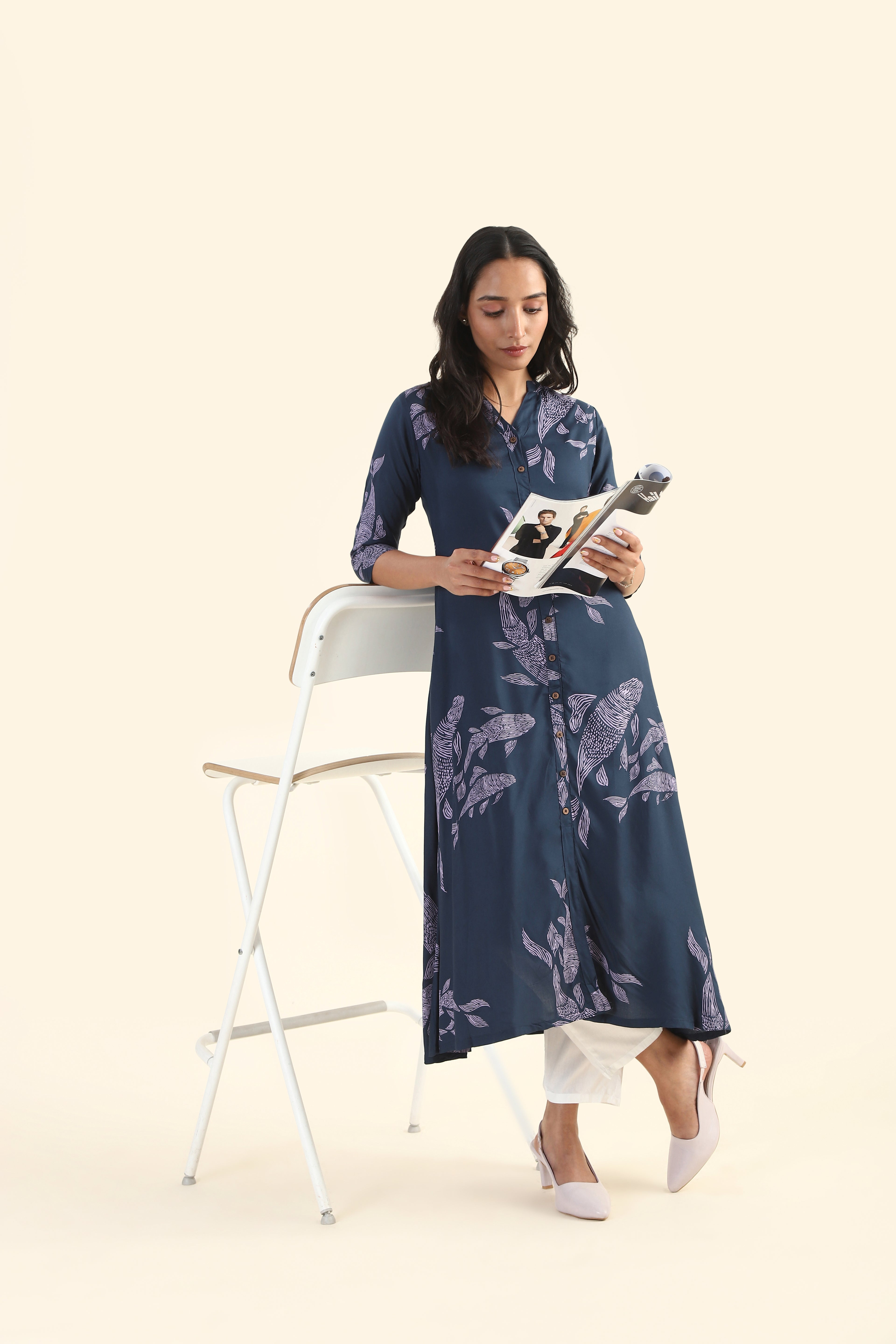 Neptune Blue Marine Melody Viscose Printed Dress