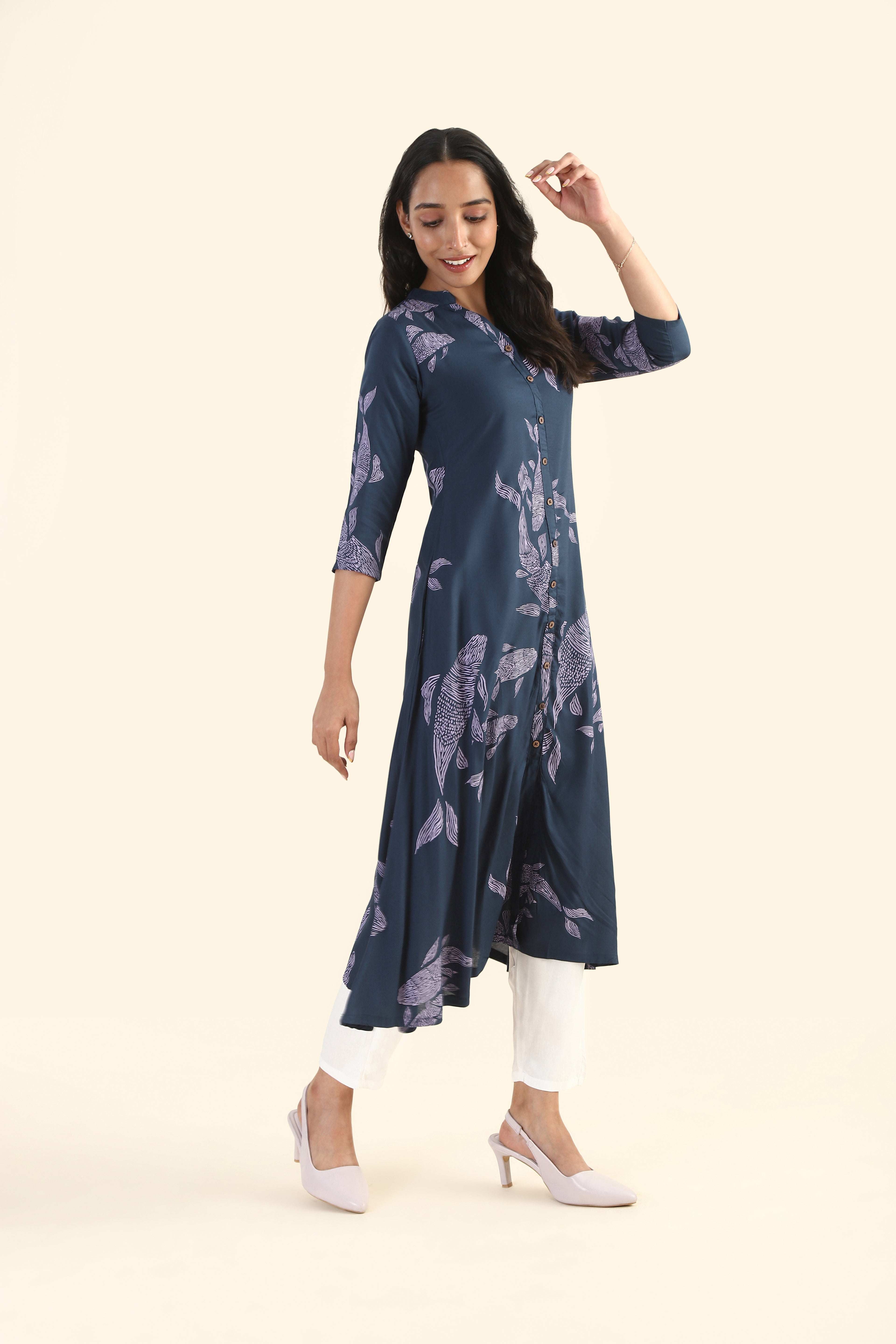 Neptune Blue Marine Melody Viscose Printed Dress