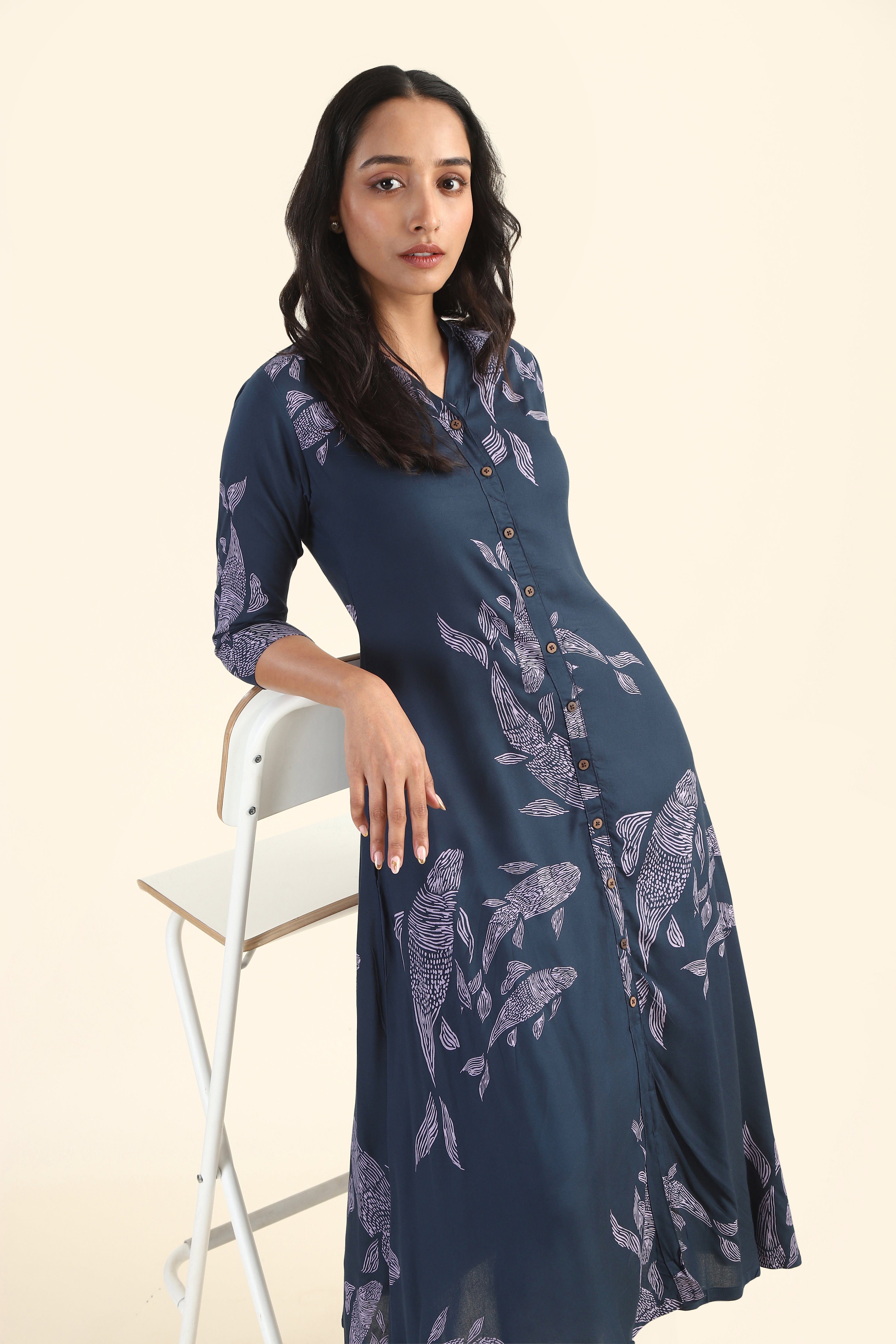 Neptune Blue Marine Melody Viscose Printed Dress