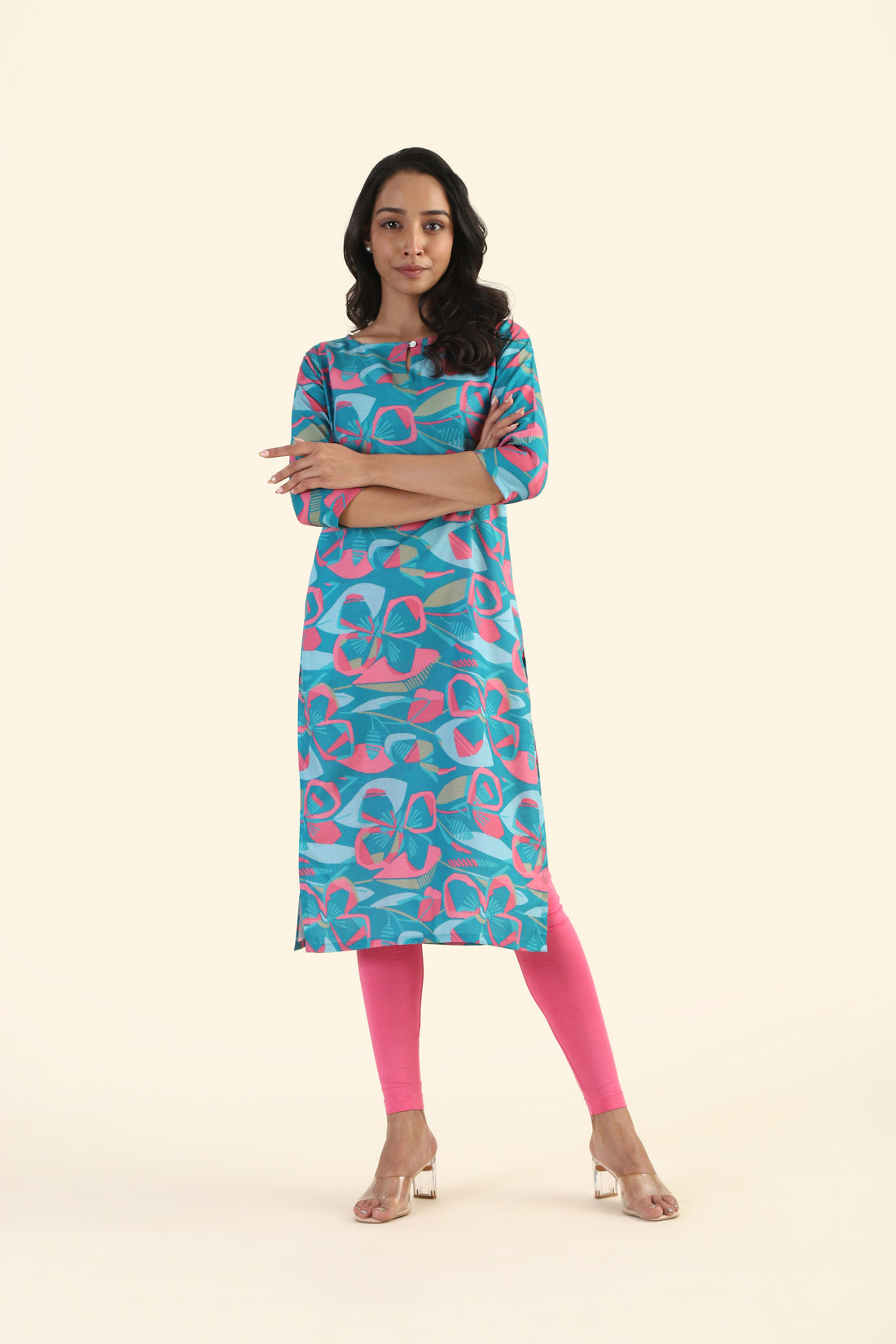 Botanic Blue Geometric Blossom Printed Viscose Kurta