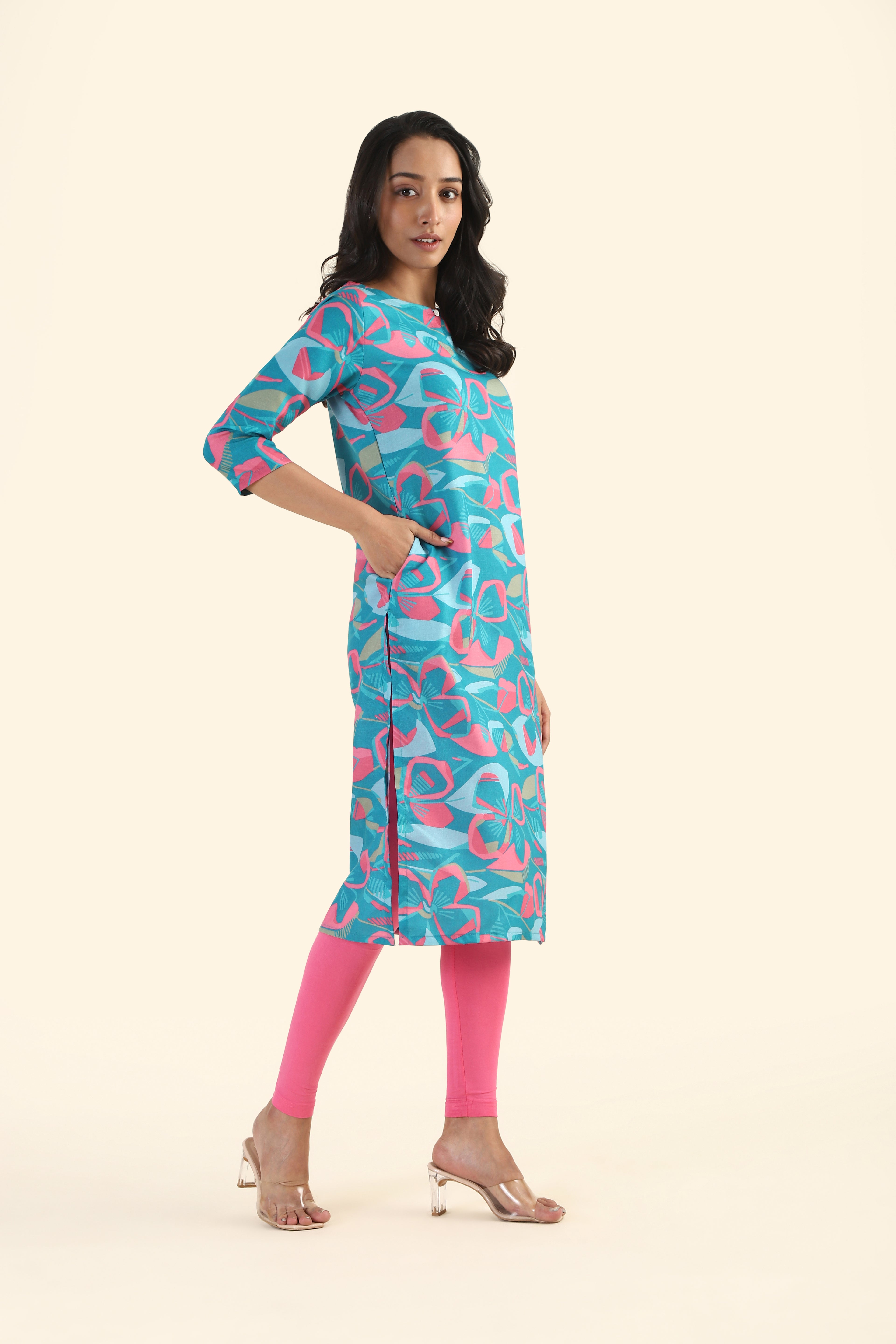 Botanic Blue Geometric Blossom Printed Viscose Kurta