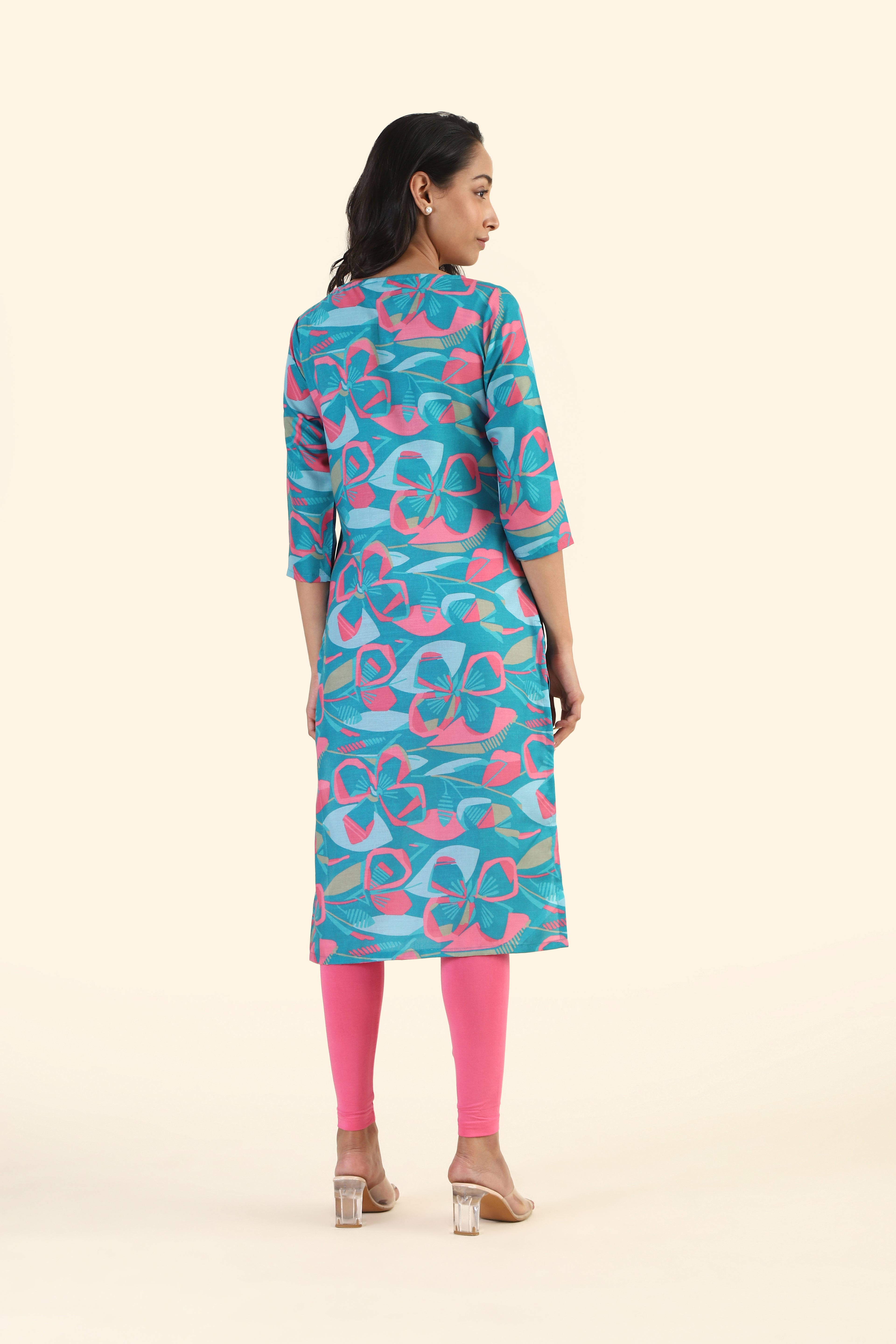 Botanic Blue Geometric Blossom Printed Viscose Kurta