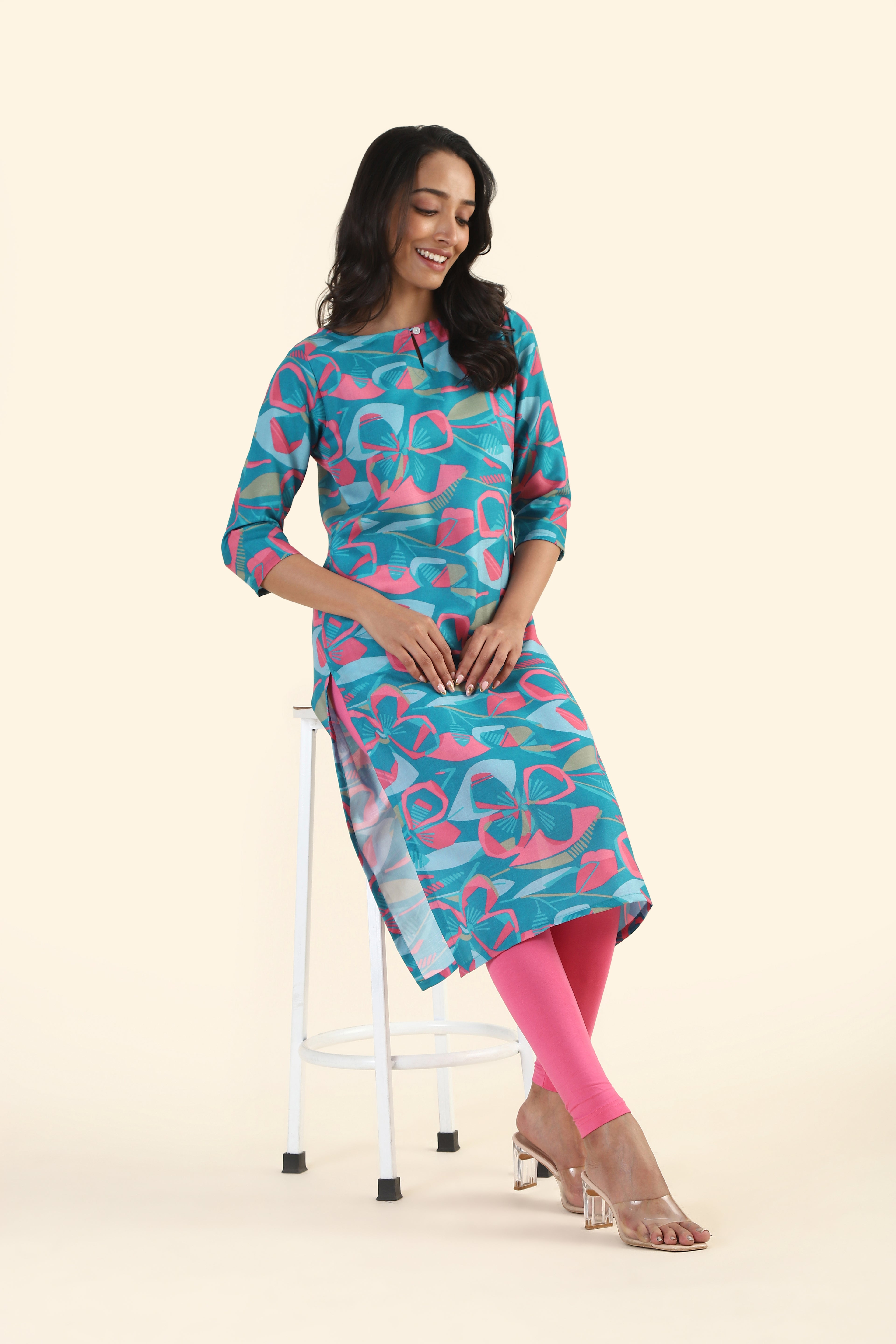 Botanic Blue Geometric Blossom Printed Viscose Kurta
