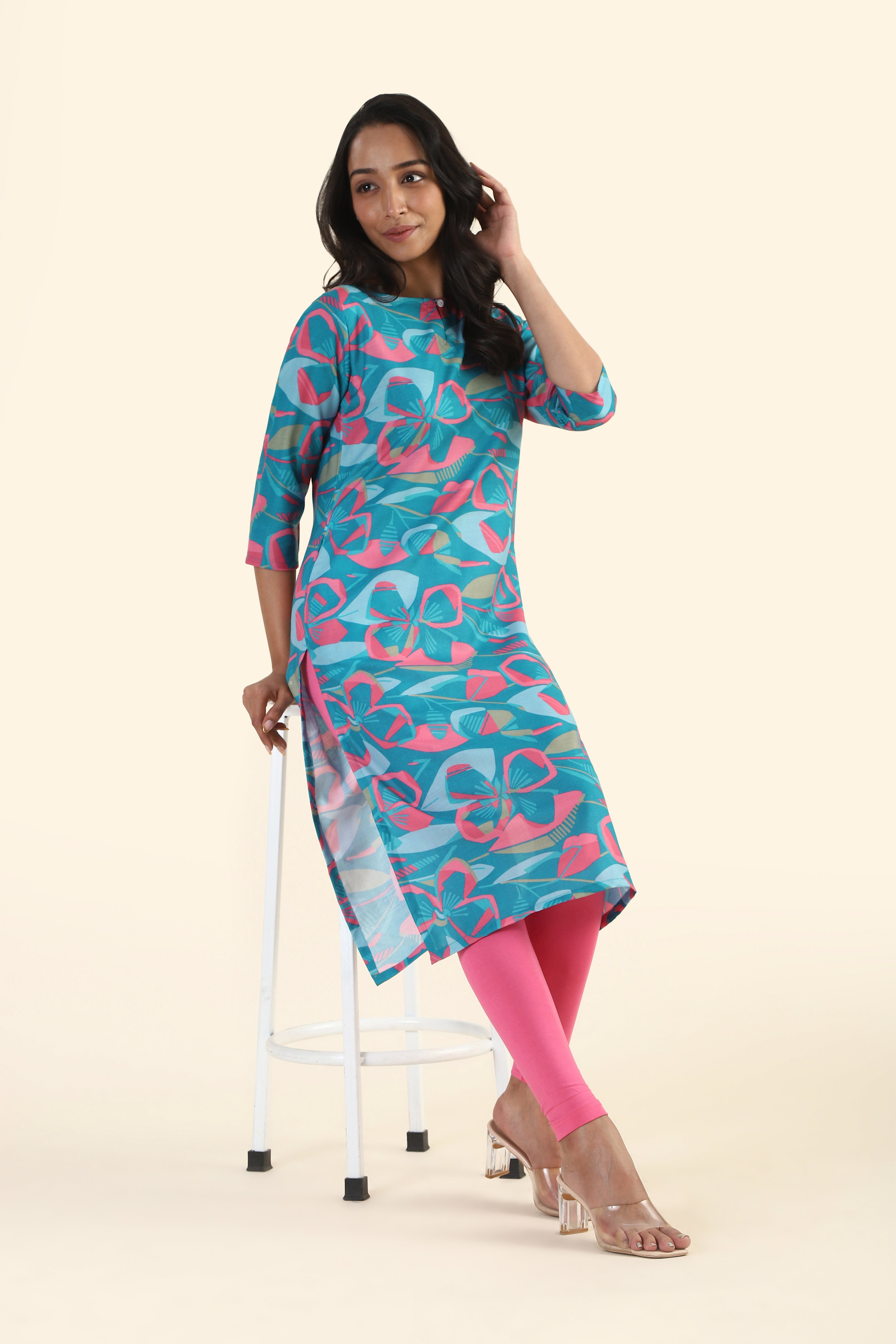 Botanic Blue Geometric Blossom Printed Viscose Kurta