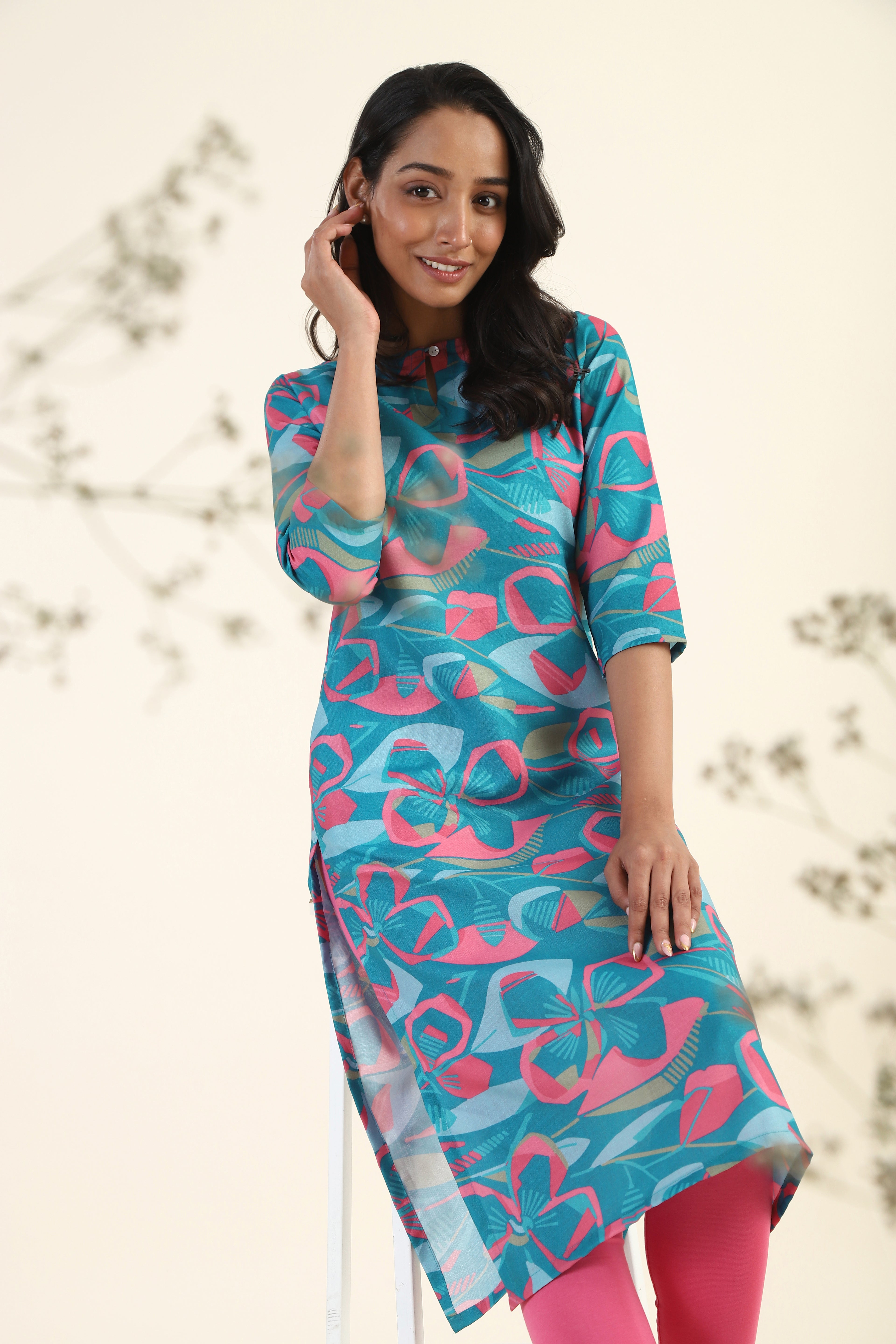 Botanic Blue Geometric Blossom Printed Viscose Kurta