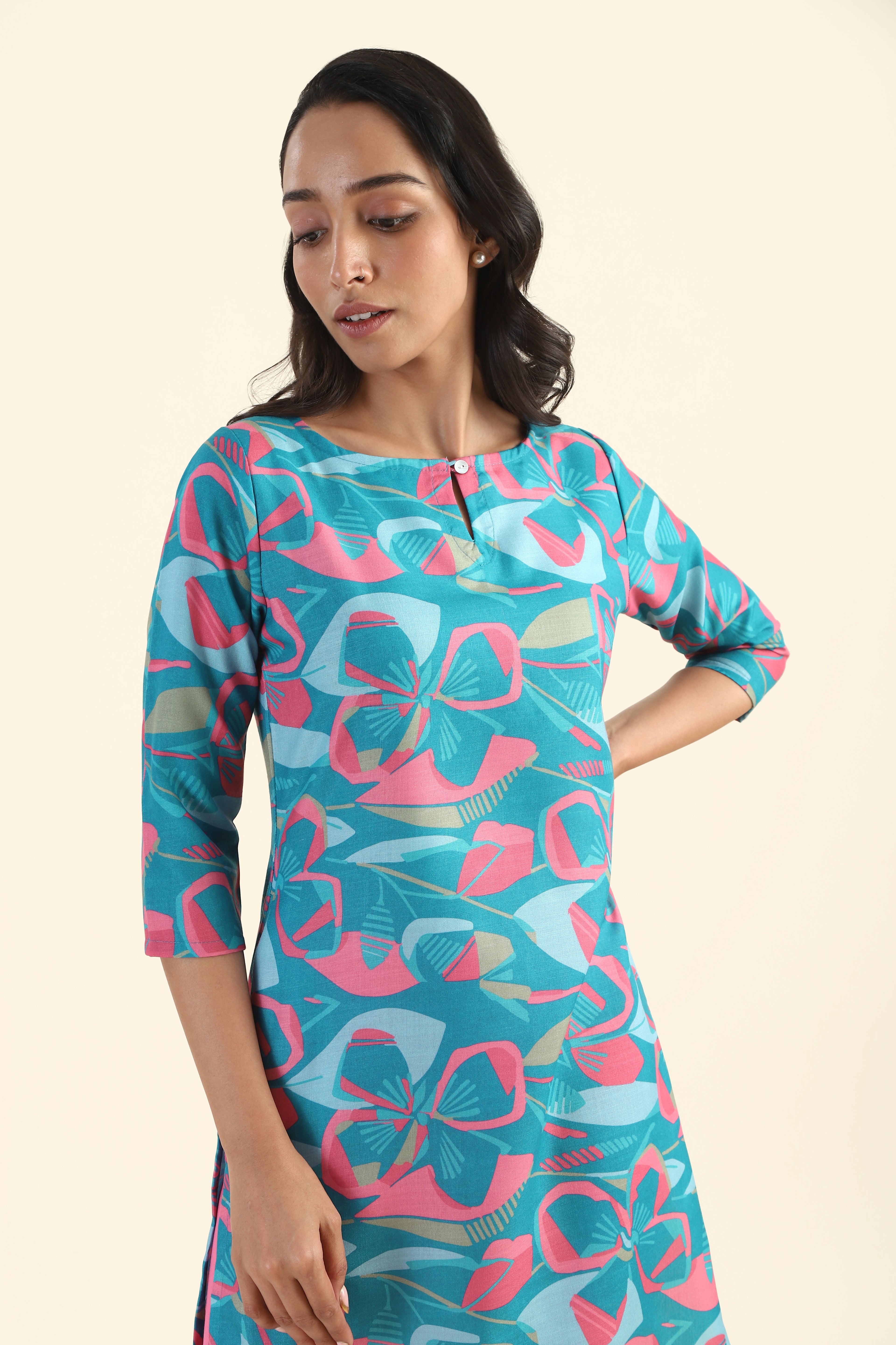 Botanic Blue Geometric Blossom Printed Viscose Kurta