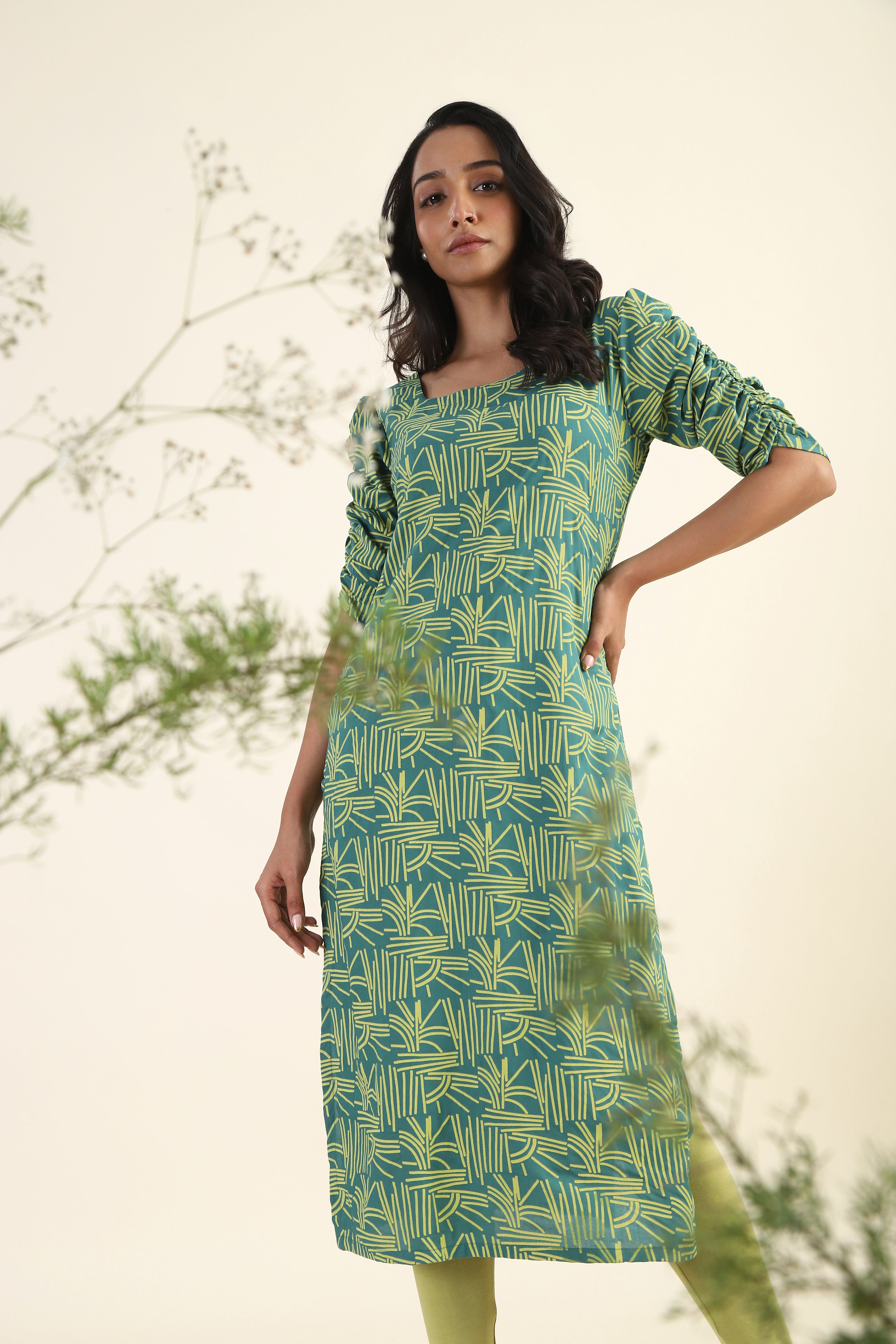Sleek Green Echo Lines Printed Viscose Kurta