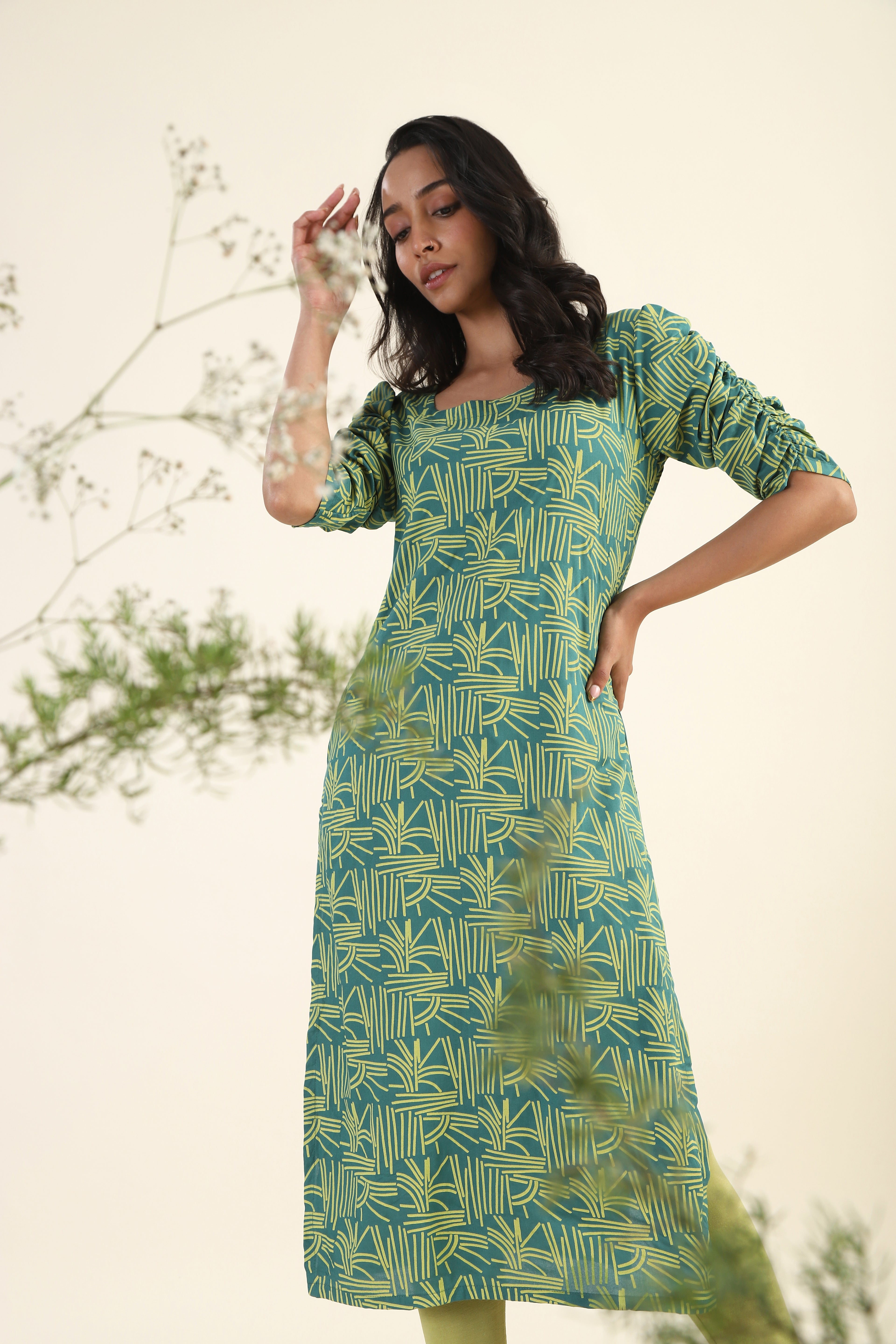 Sleek Green Echo Lines Printed Viscose Kurta