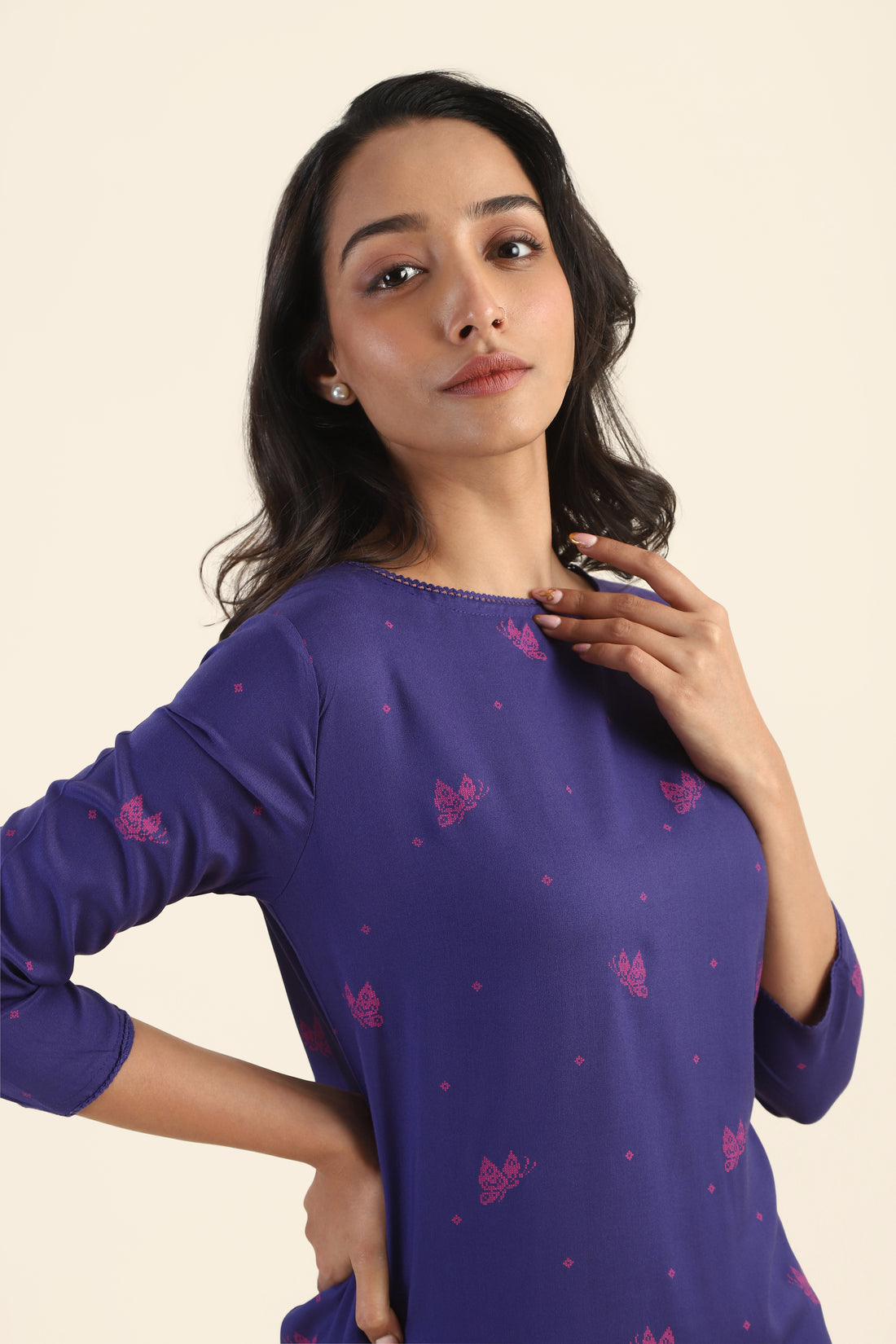 Violet with Pink Motif Butterbloom Viscose Printed Kurta