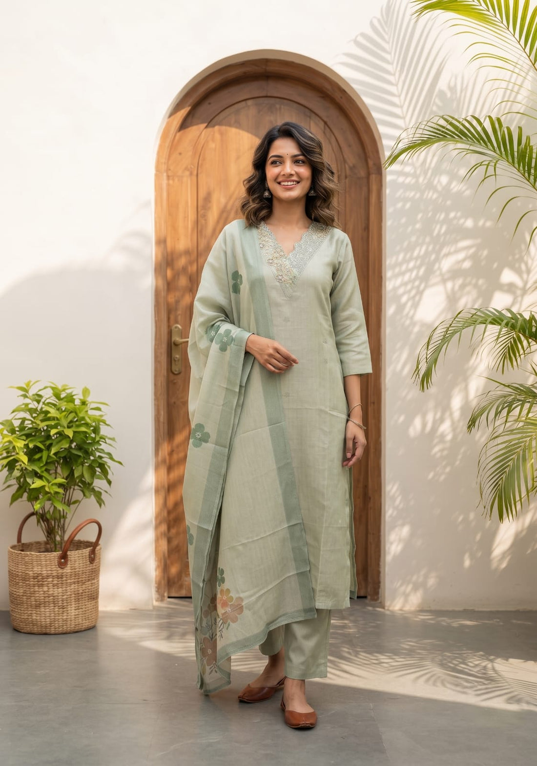 Willowshine Green Embroidery Organza Silk Kurta set with Dupatta