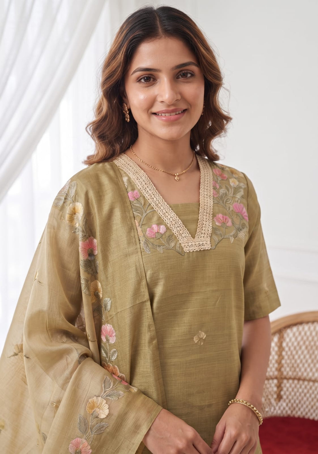 Classic Natural Yellow 3-Piece Tussar Silk Blend Floral Hand-Embroidered Kurta with Pant & Dupatta