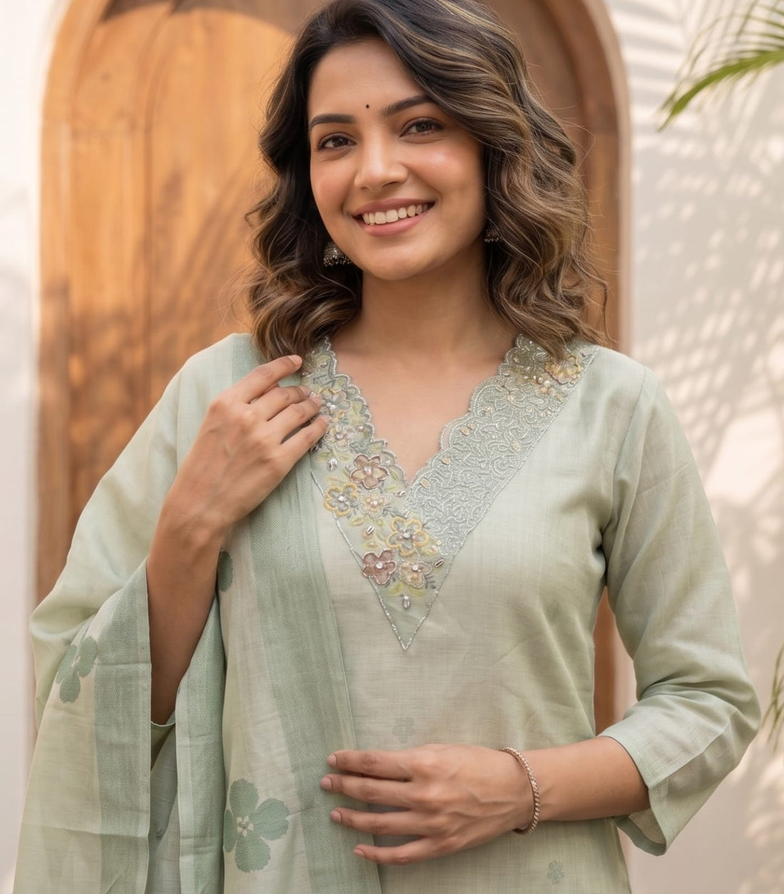 Willowshine Green Embroidery Organza Silk Kurta set with Dupatta