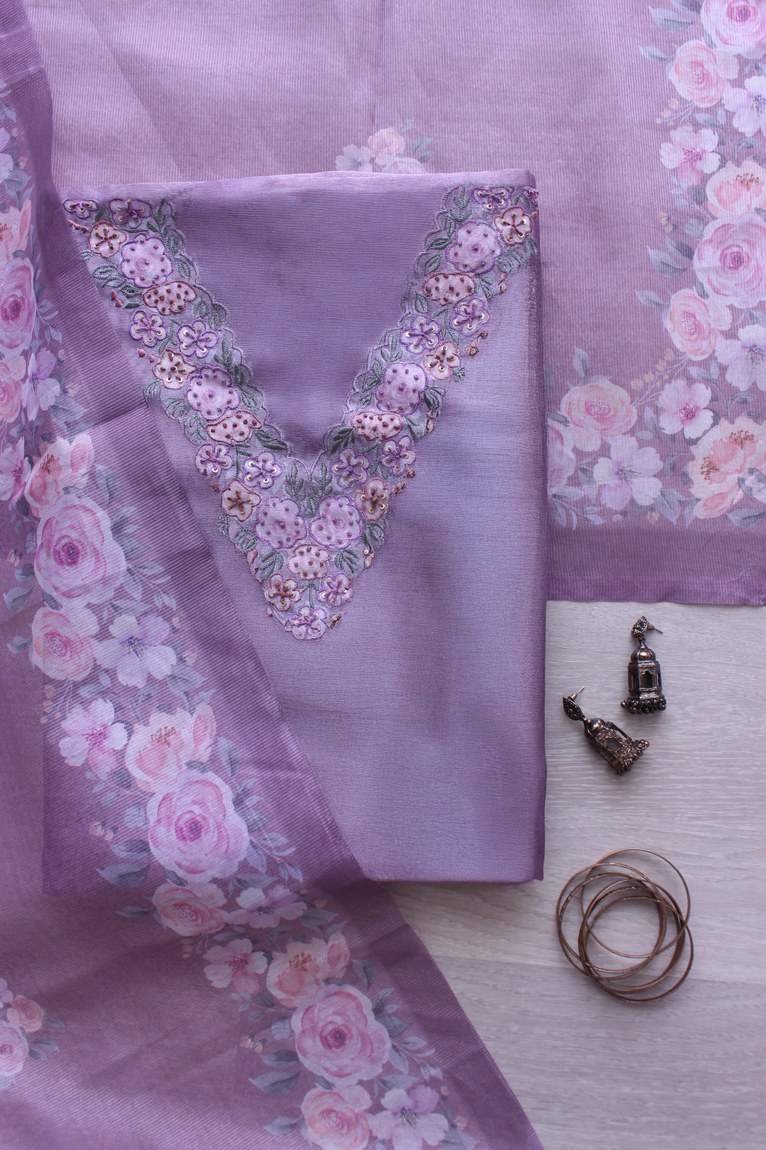 Divine Lilac Floral Handwork Unstitched Silver Browie Fabric