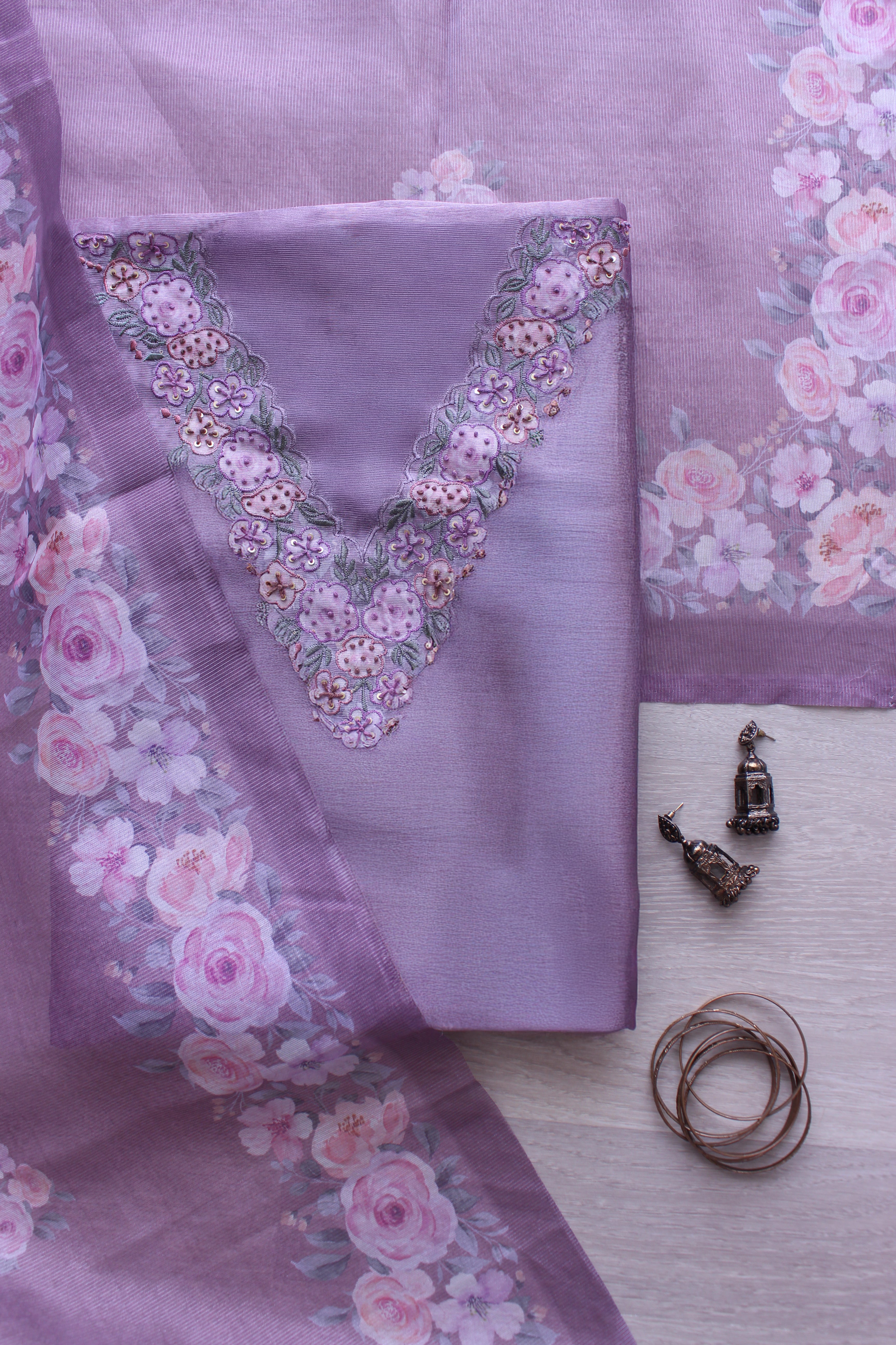 Divine Lilac Floral Handwork Unstitched Silver Browie Fabric