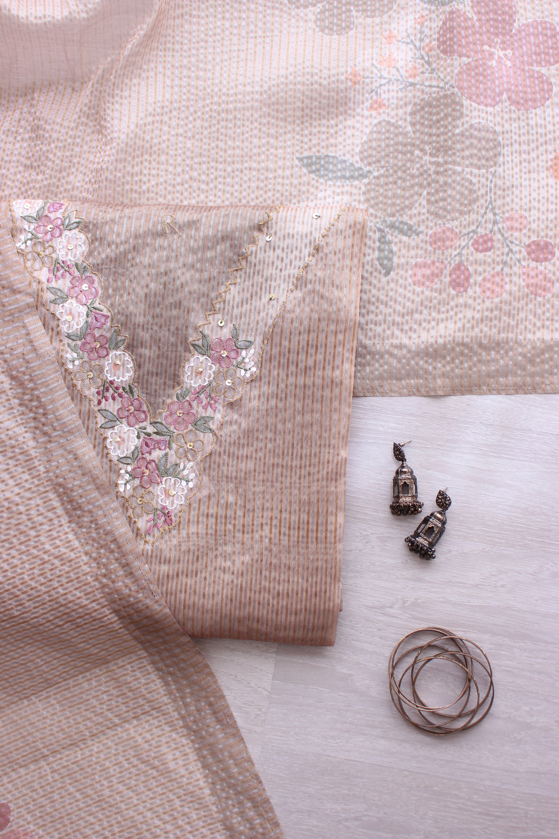 Serene Beige Floral Hand Emroidery Unstitched Crush Silk Fabric