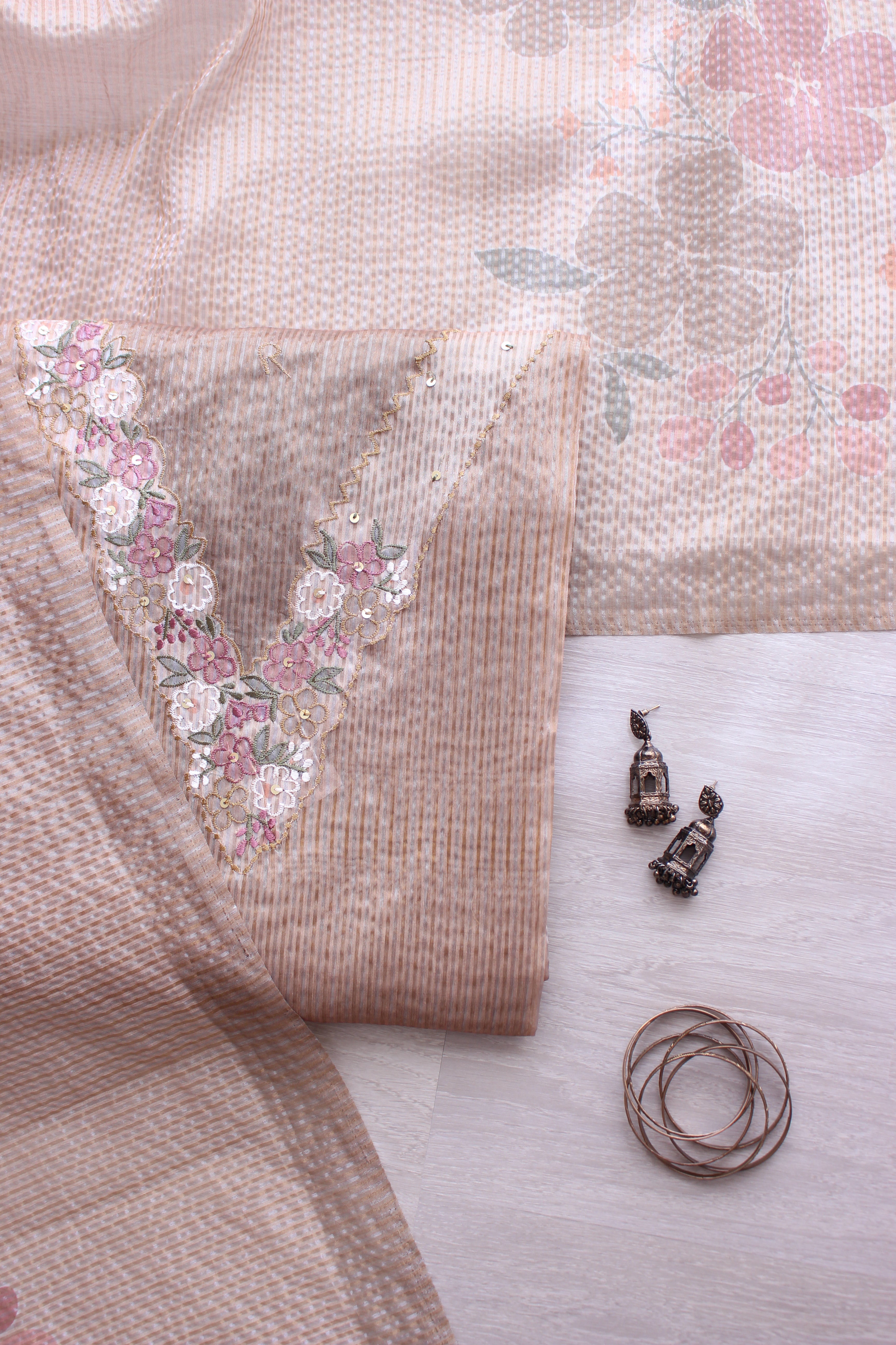 Serene Beige Floral Hand Emroidery Unstitched Crush Silk Fabric