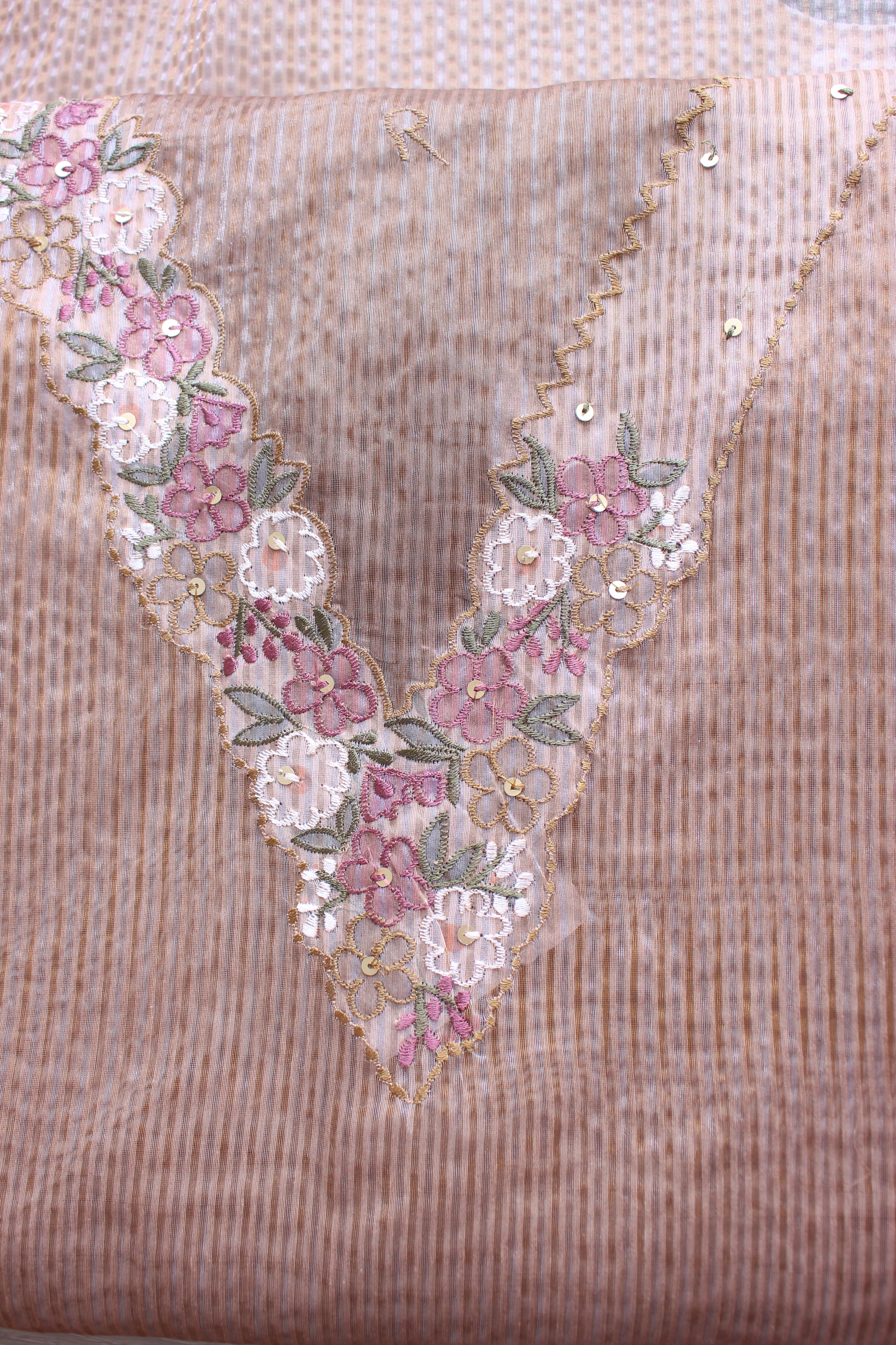 Serene Beige Floral Hand Emroidery Unstitched Crush Silk Fabric