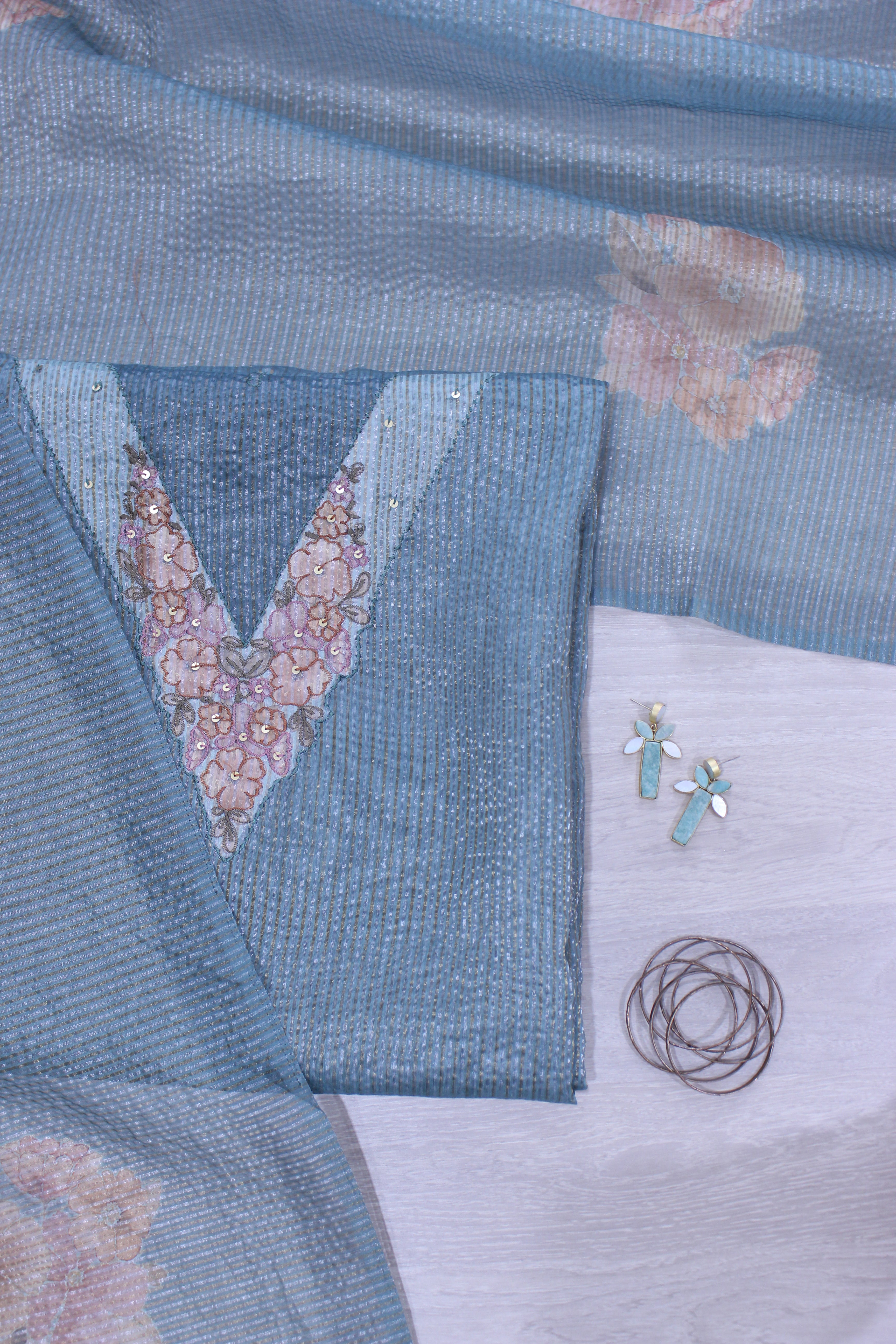 Blue Mist Floral Hand Embroidery Unstitched Crush Silk Fabric