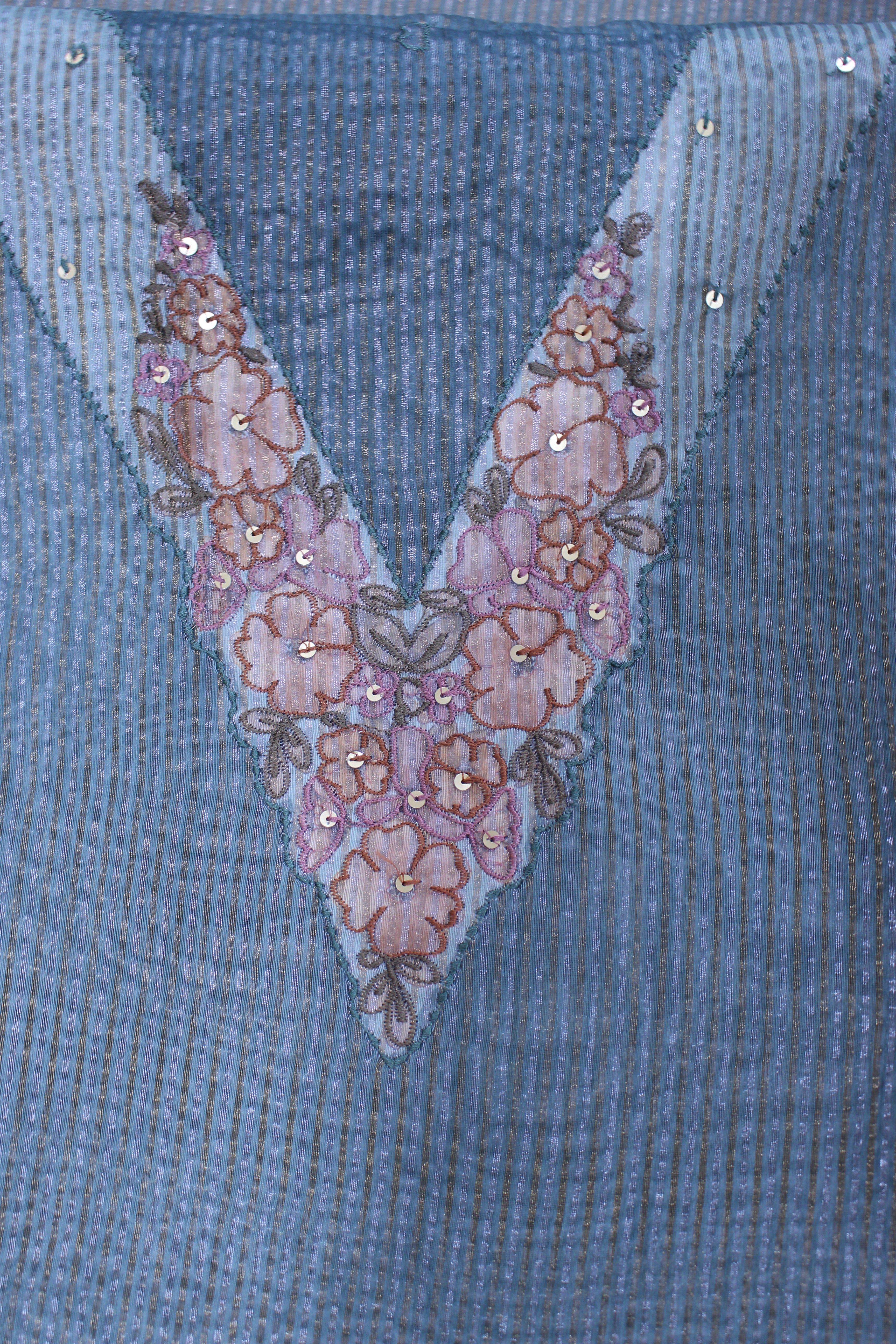 Blue Mist Floral Hand Embroidery Unstitched Crush Silk Fabric