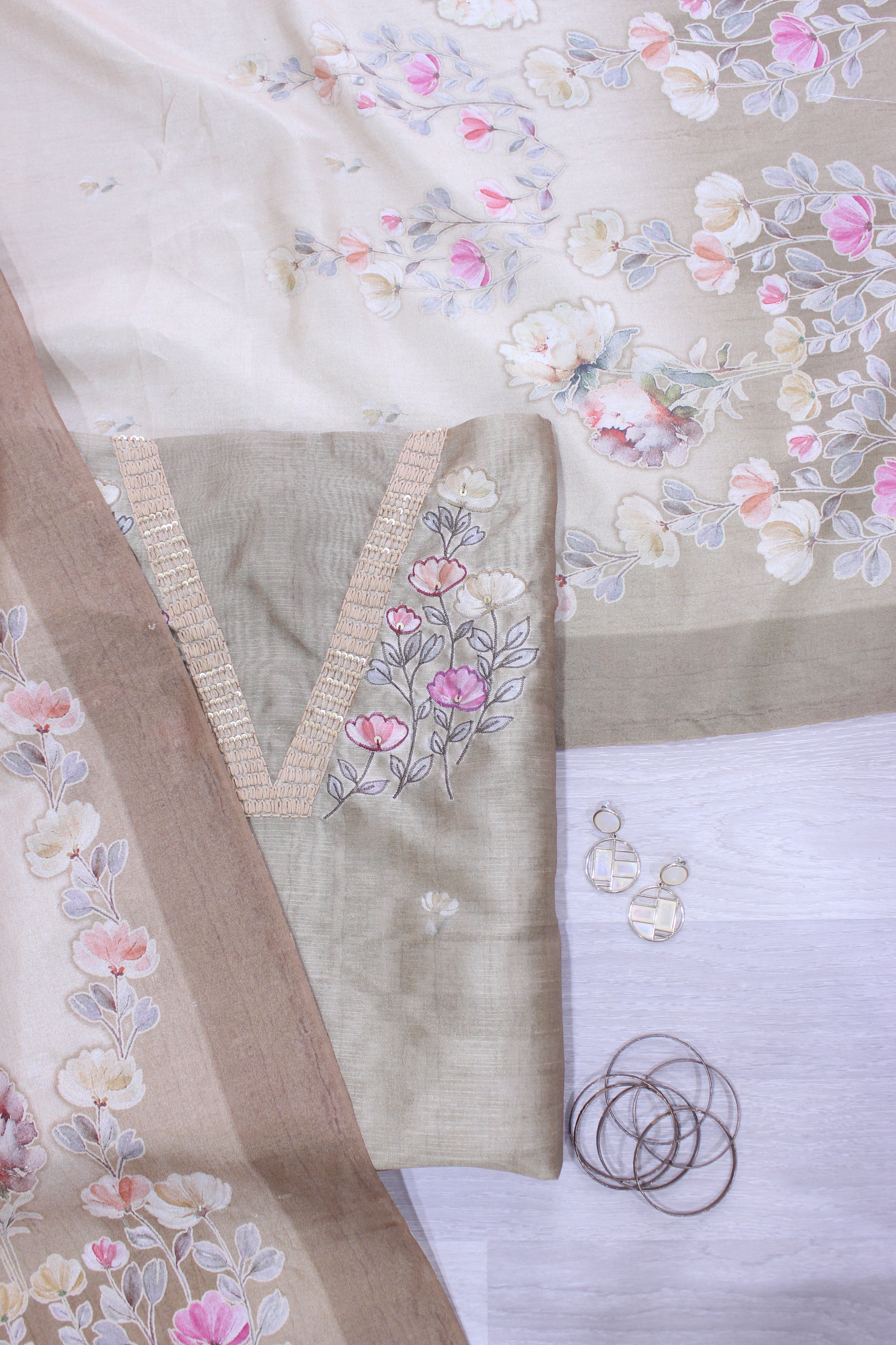 Classic Natural Tussar Handwork Blossom Embroidery Unstitched Fabric