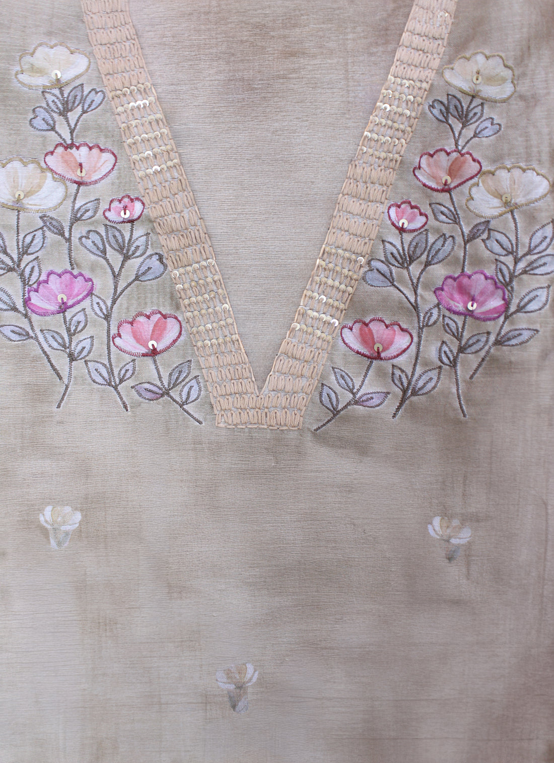 Classic Natural Tussar Handwork Blossom Embroidery Unstitched Fabric