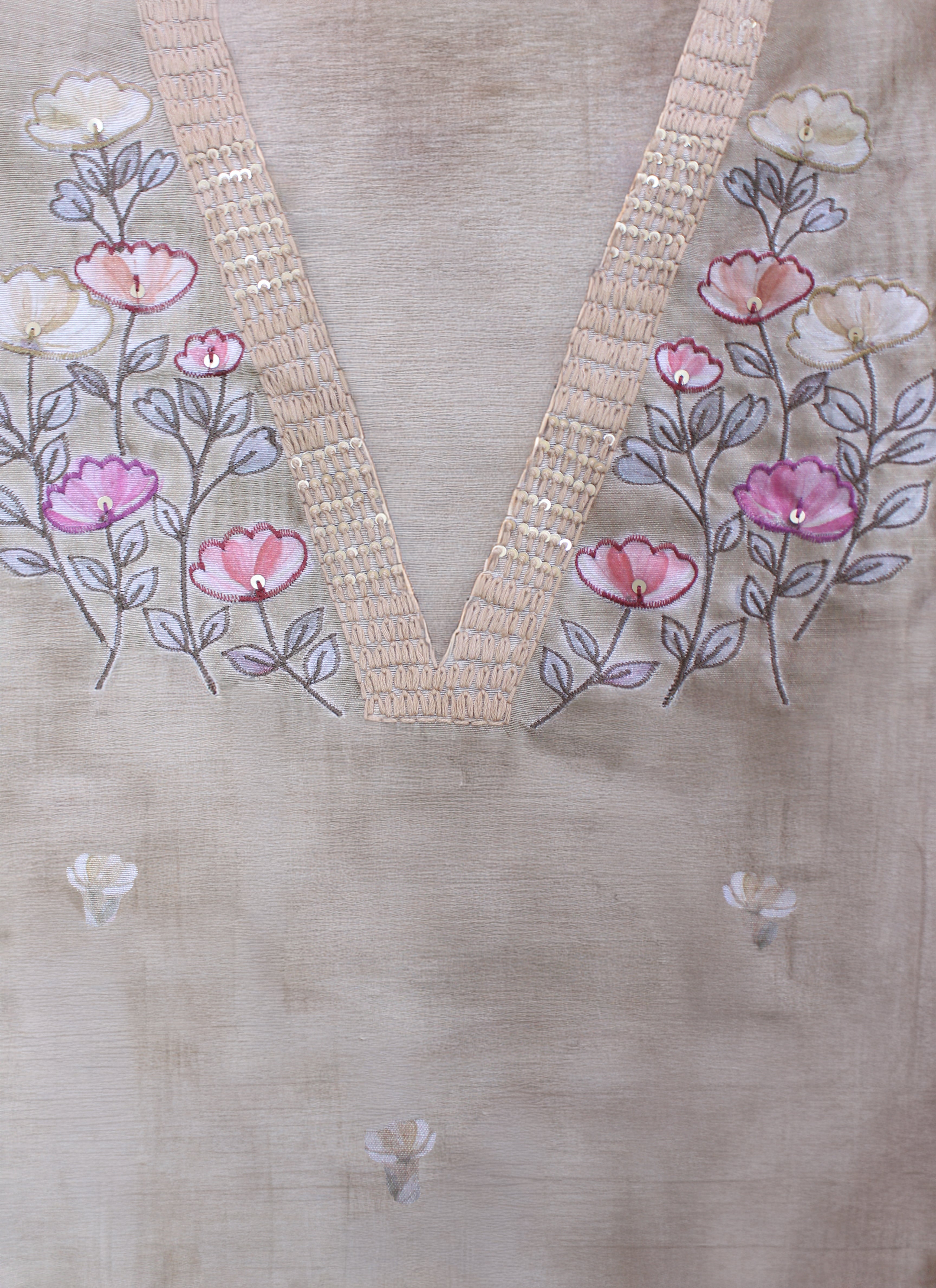 Classic Natural Tussar Handwork Blossom Embroidery Unstitched Fabric