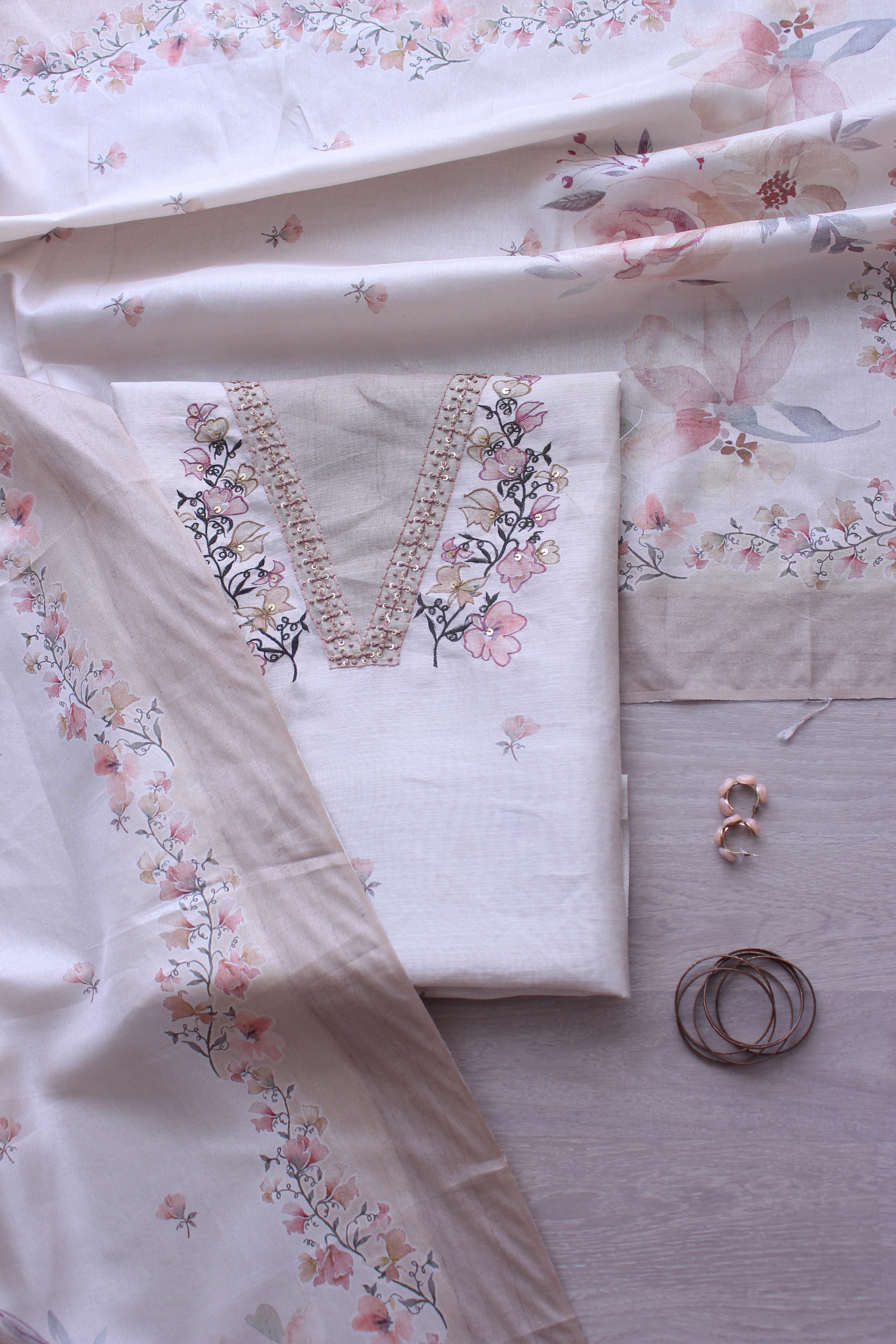 Ivory Grace Pastel Blossom Hand Embroidery Unstitched Fabric