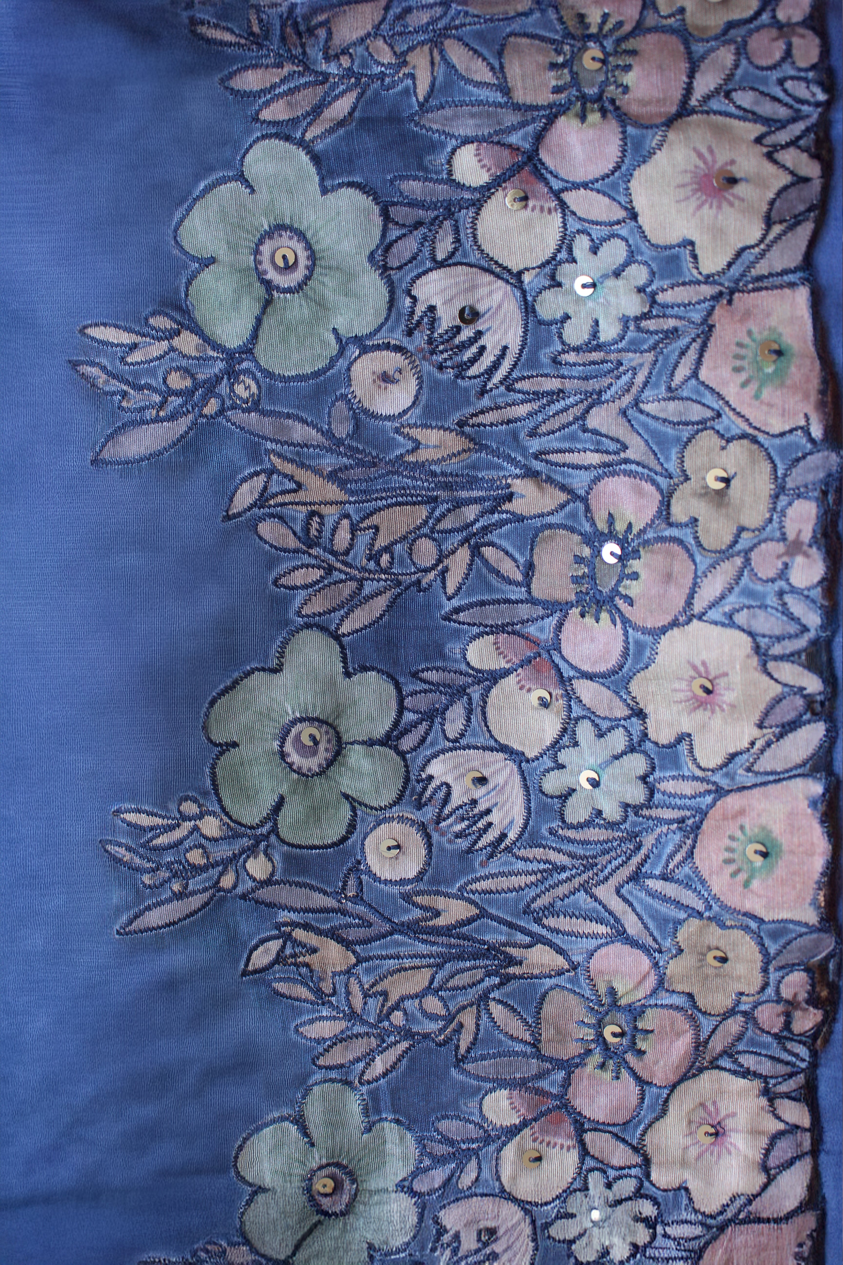 Dark Blue Floral Hand Embroidery Unstitched Silver Browie Fabric