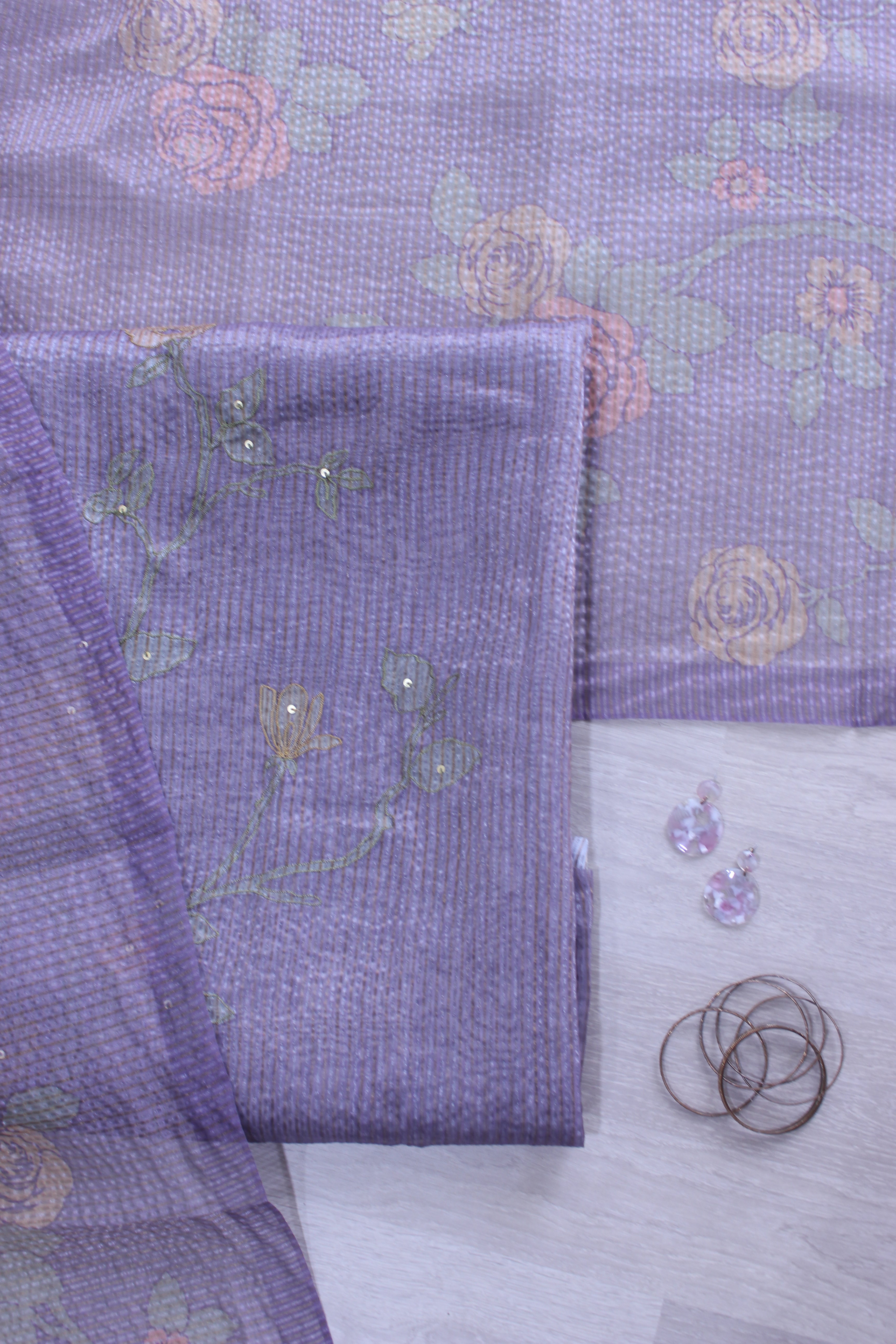 Lavender Garden Floral Hand Embroidery Unstitched Crush Link Daman Applique Fabric