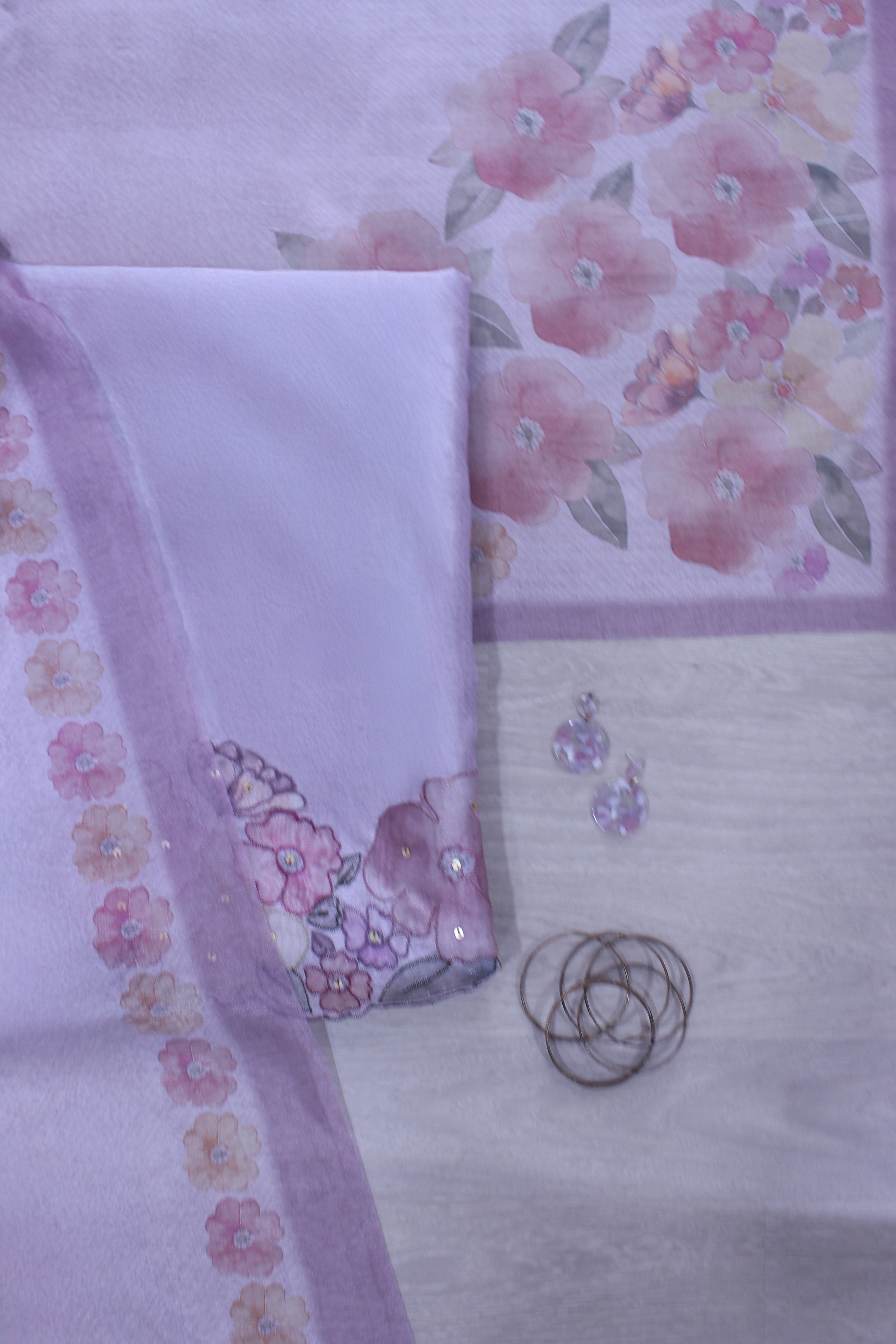 Lavender Blossom Hand Embroidery Unstitched Silver Browie Arca Daman Fabric