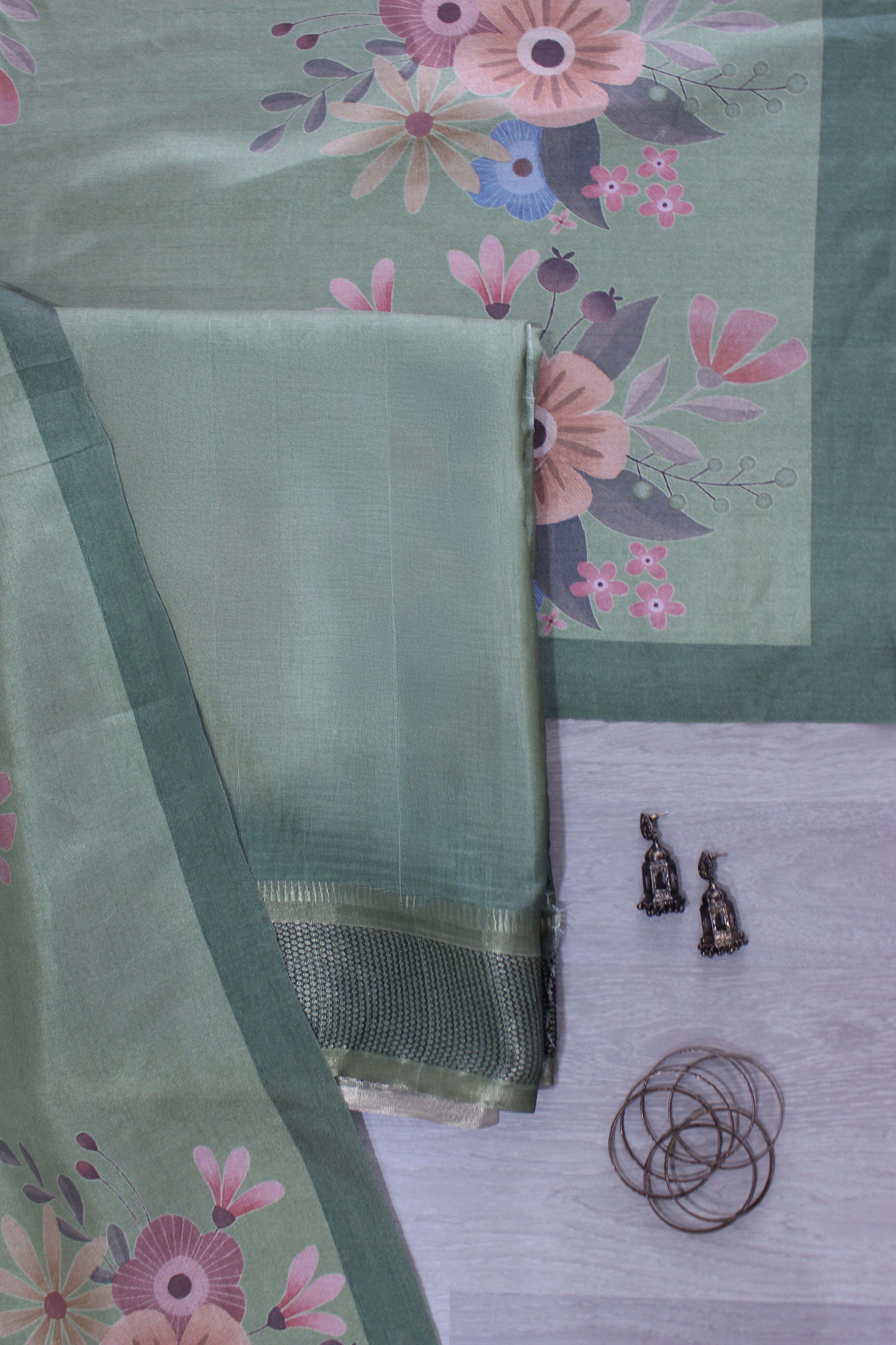 Olive Green Hexa Border Shaded Floral Garden Unstitched Fabric