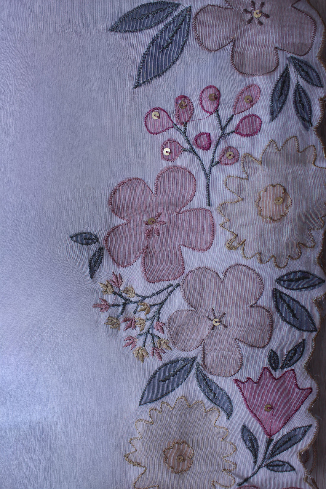 White Blossom Hand Embroidery Unstitched Silver Browie Fabric