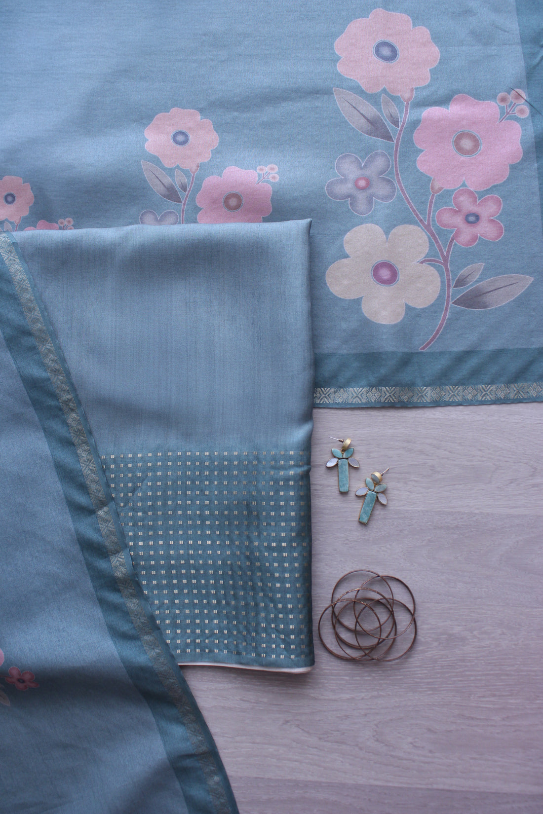 Teal Tussar Sequence Daman Floral Motif Unstitched Fabric