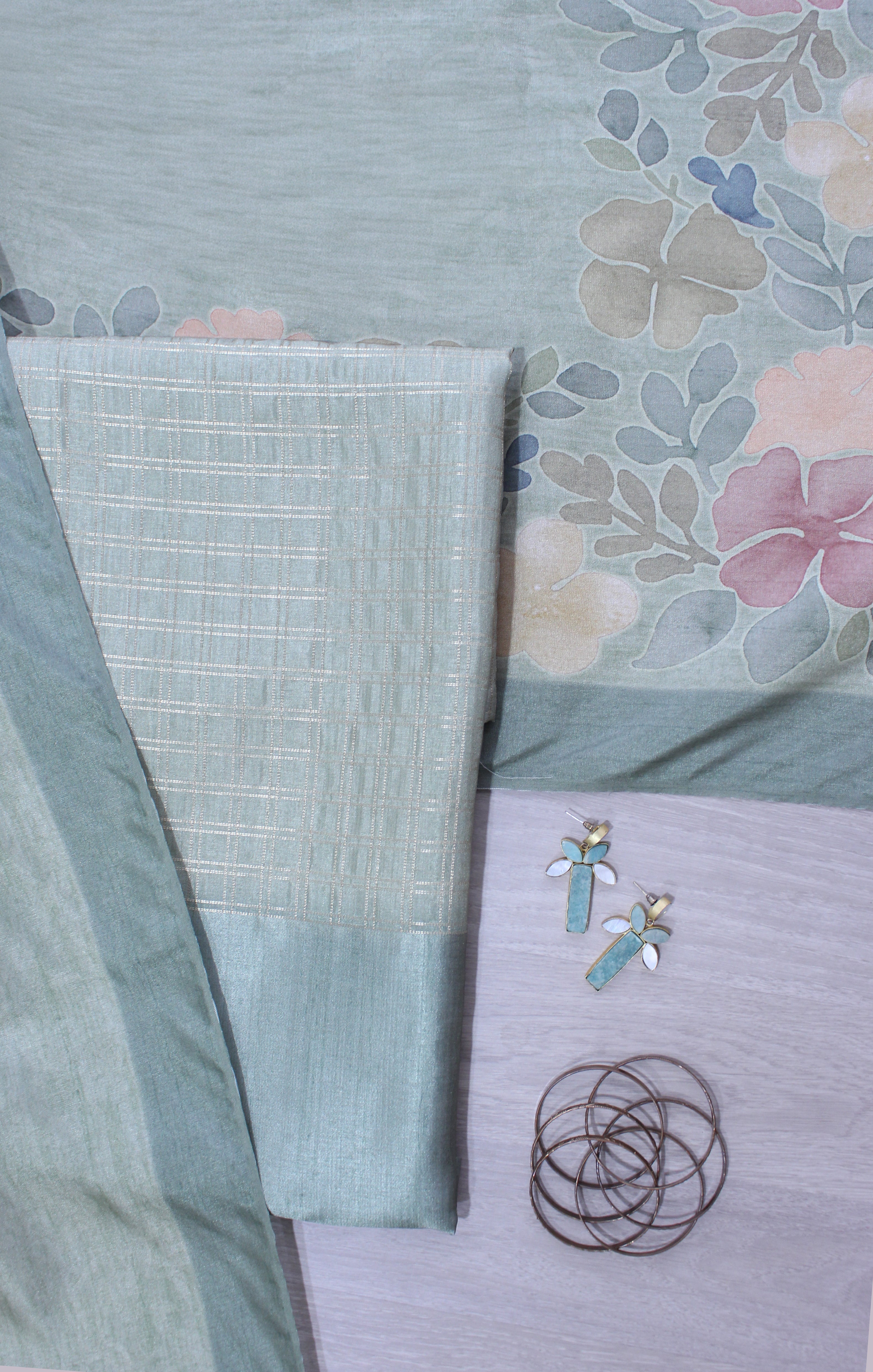 Green Satin Daman Check Floral Garden Unstitched Fabric