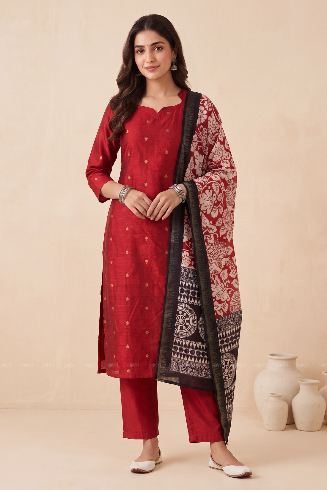 Amara Muse Red Silk Blend 3-Piece Handloom Woven Kurta Set