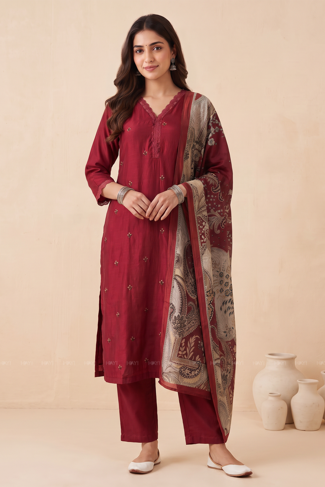 Althea Paisley Red Silk Blend Embroidered 3-Piece Kurta Set