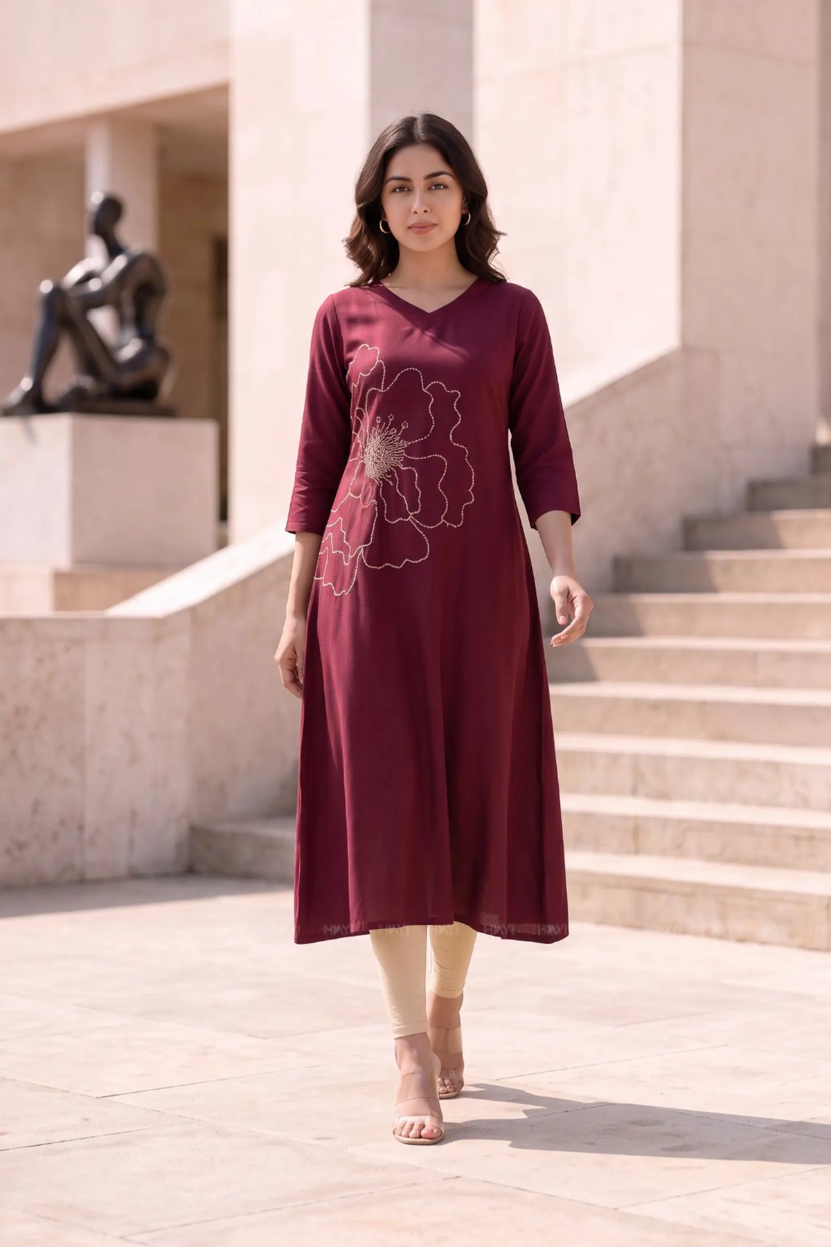 Scarlet Serenity Maroon Printed A-Line Dress