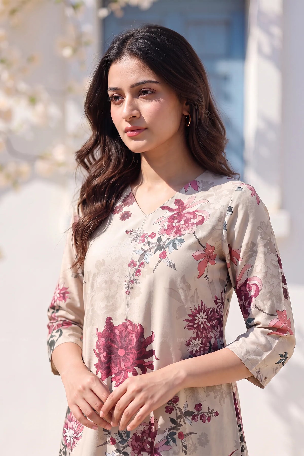 Winged Blossom White Silk Blend Printed Co-ord Set