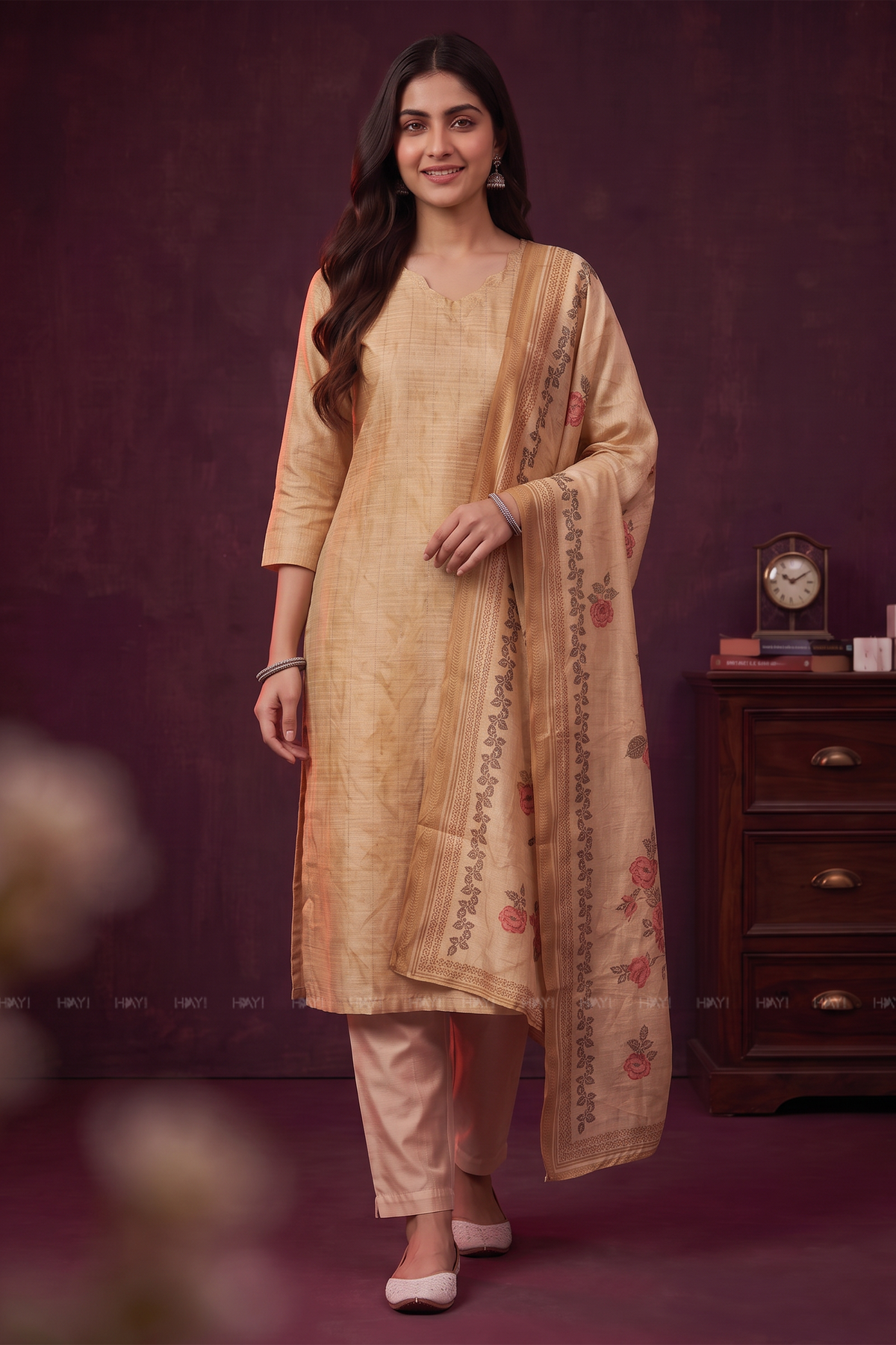 Golden Petal Yellow Tussar Silk Blend 3-Piece Printed Kurta Set