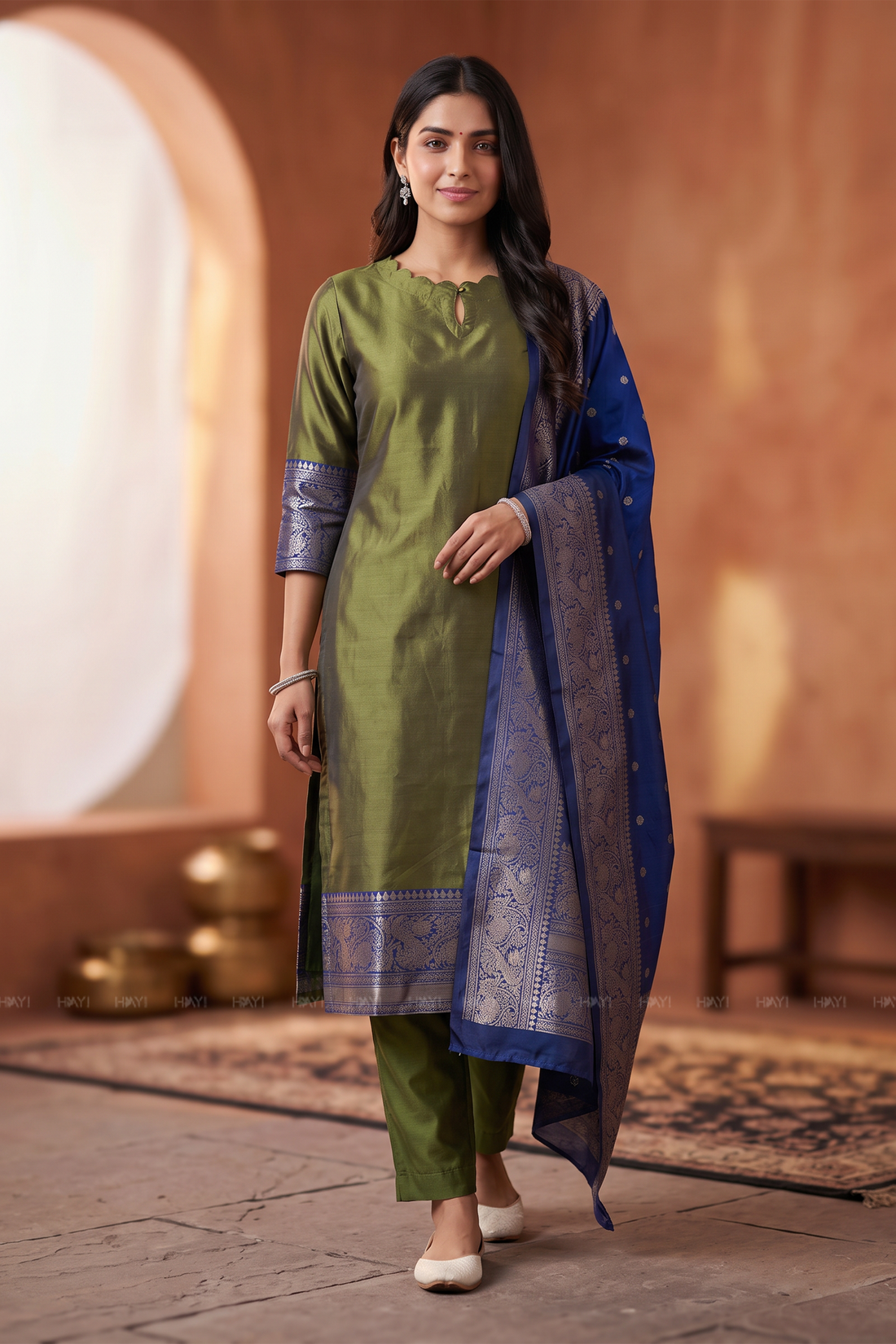 Olive Glow Green Silk Blend 3-Piece Woven Kurta Set