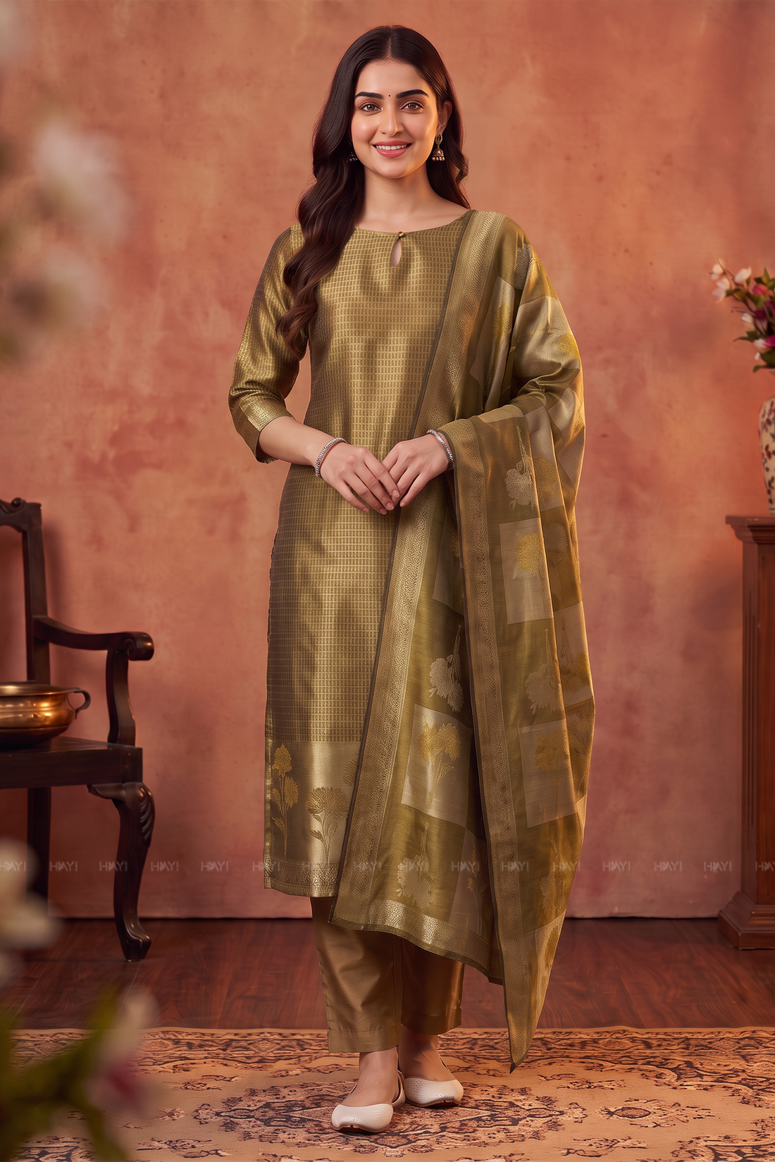 Gilded Meadow Golden Yellow Silk Blend Jacquard 2-Piece Set
