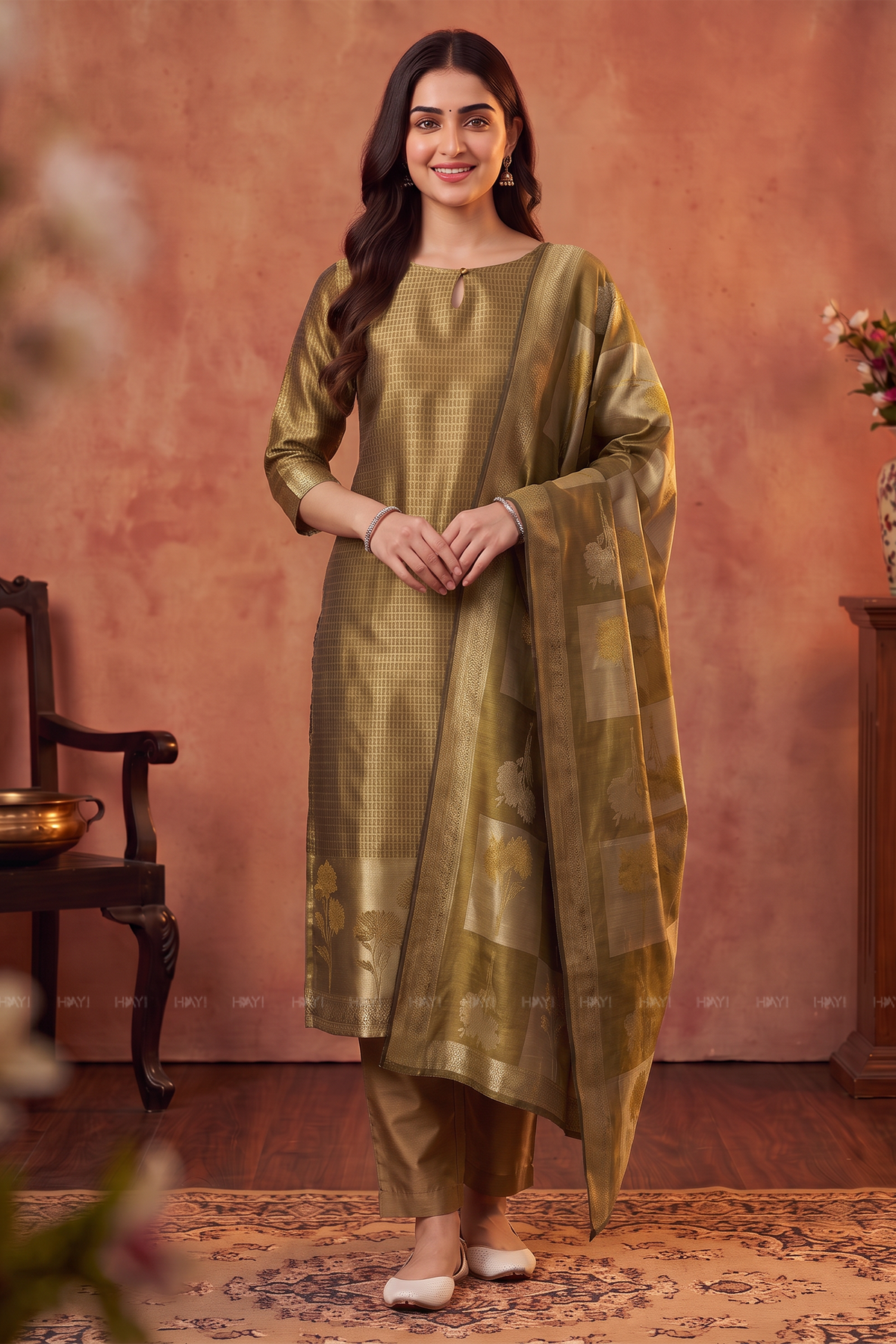 Gilded Meadow Golden Yellow Silk Blend Jacquard 2-Piece Set