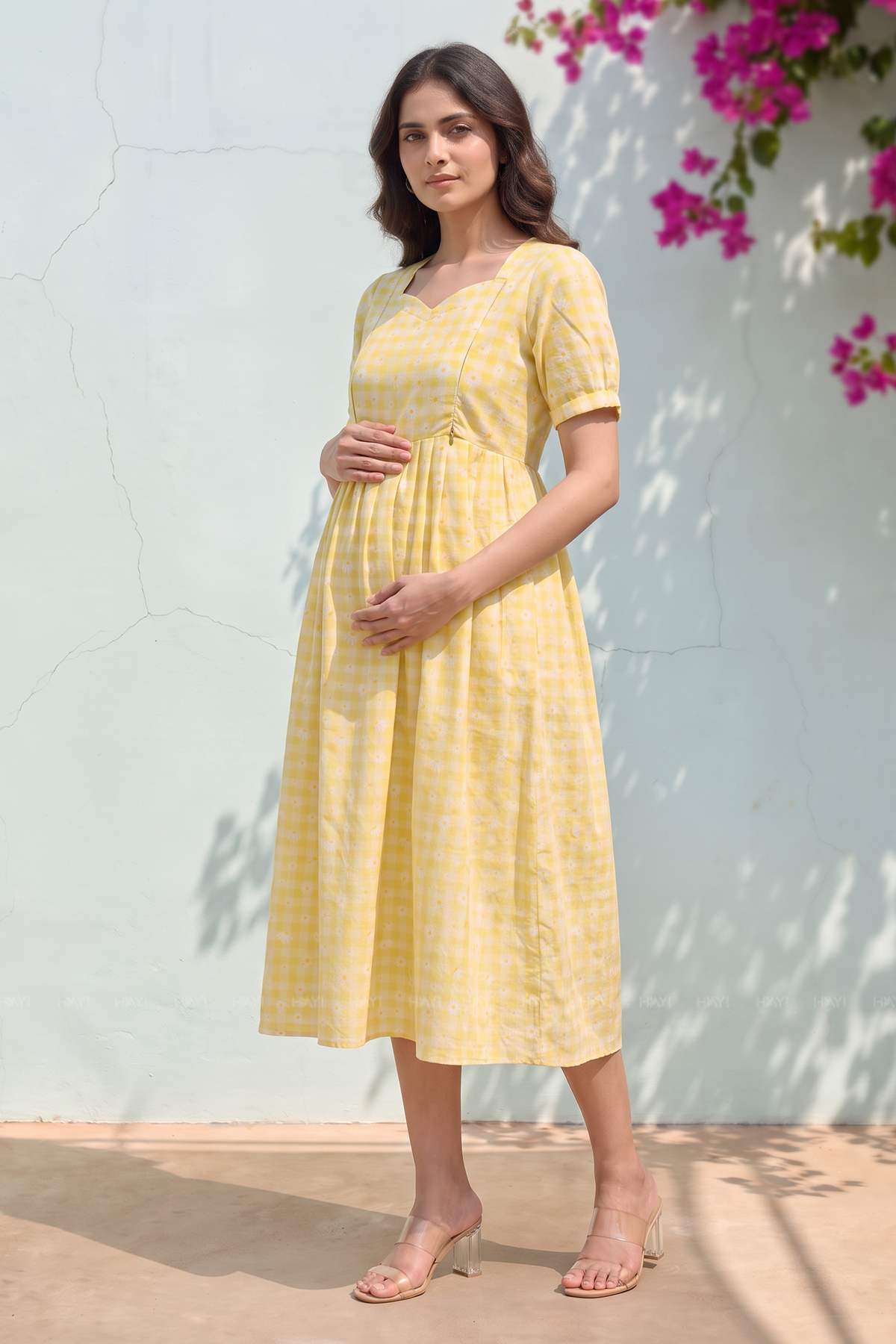 Daisy Gingham Yellow Printed Maternity Maxi Dress