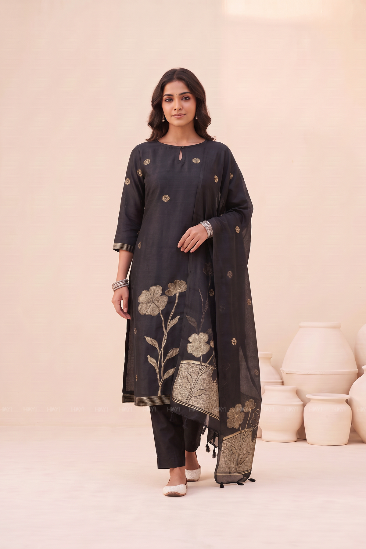 Midnight Zari Black 3 Piece Silk-Blend Kurti Set with Dupatta