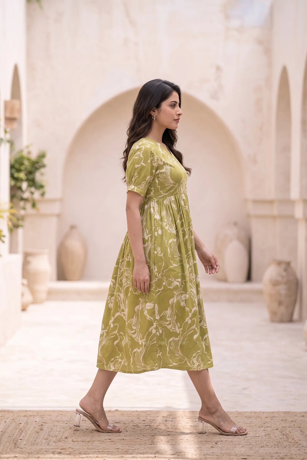 Garden Abstract Green Printed Maternity Maxi Dress