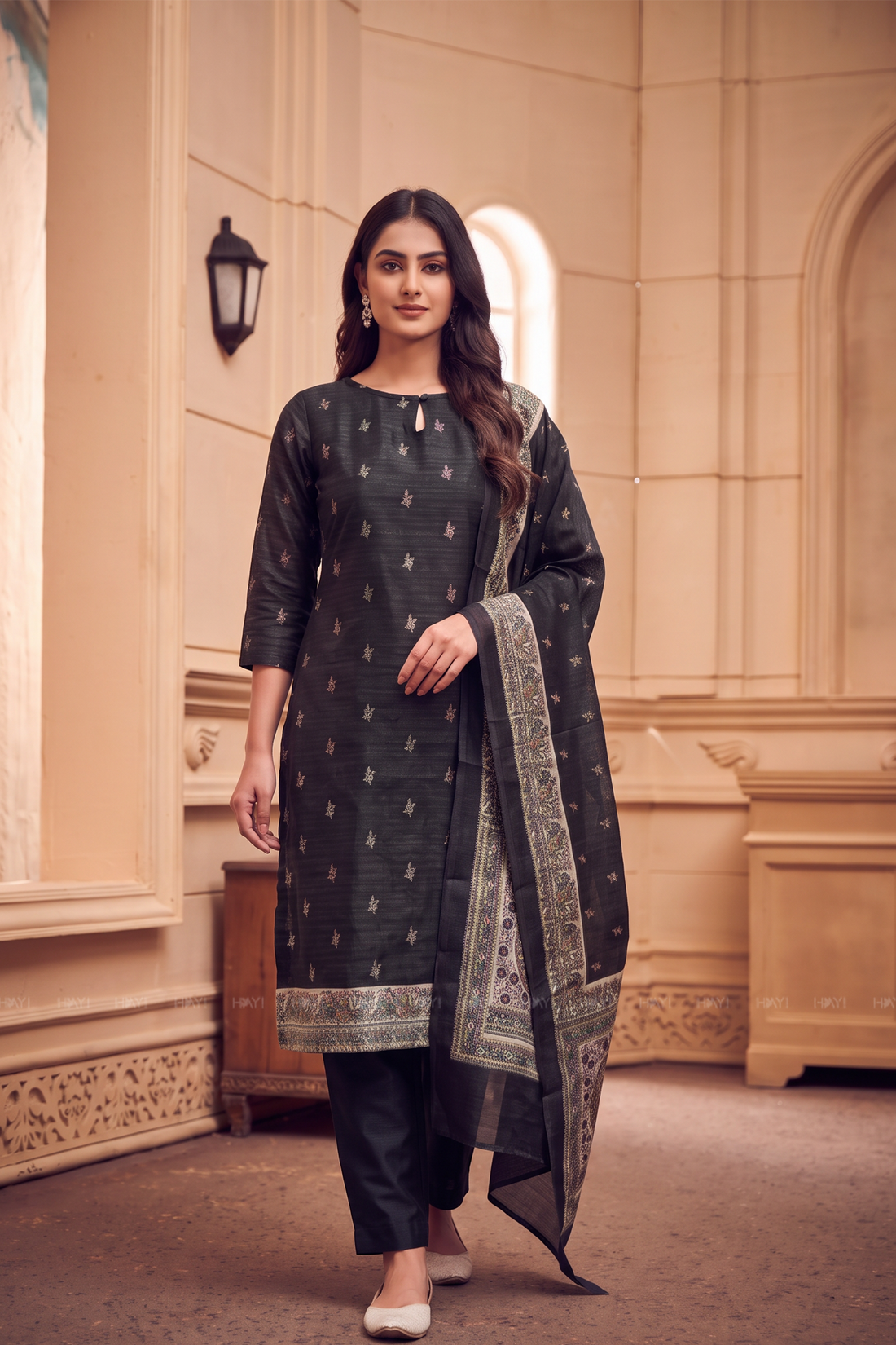 Moonlit Motif Black Silk Blend Printed 3-Piece Kurta Set