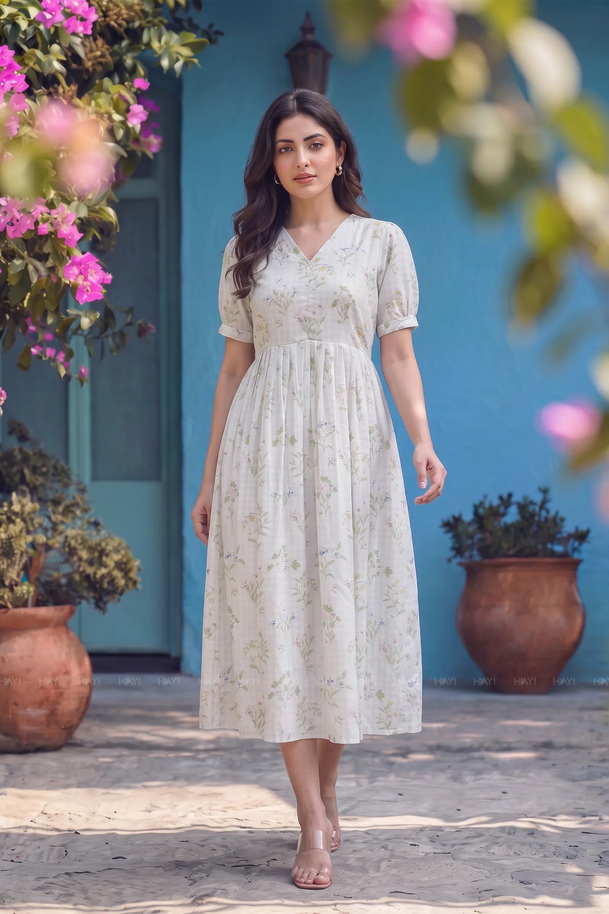 Floral Coutours Off-White Printed Maternity Maxi Dress with Center Zip