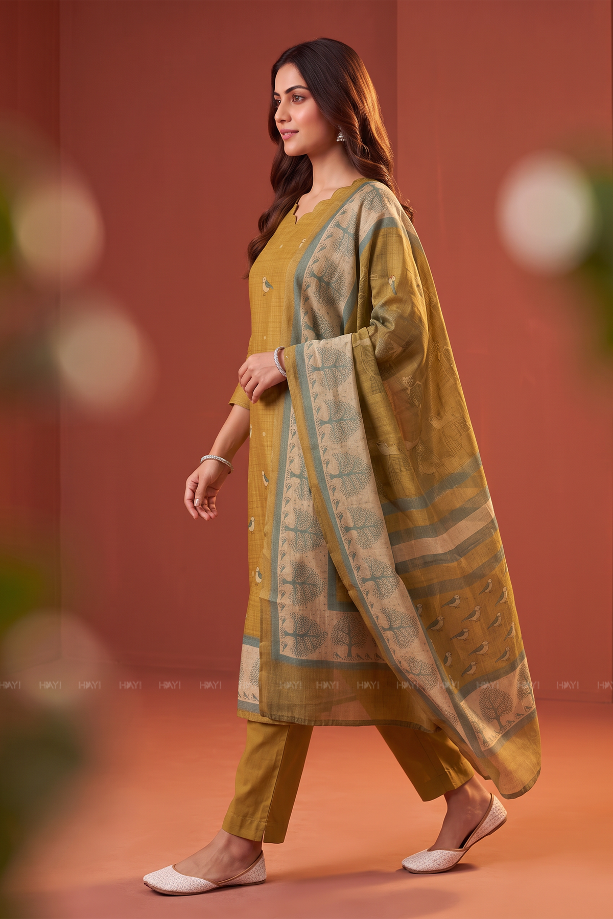 Birdsong Bloom Golden Yellow Silk Blend 3-Piece Kurta Set